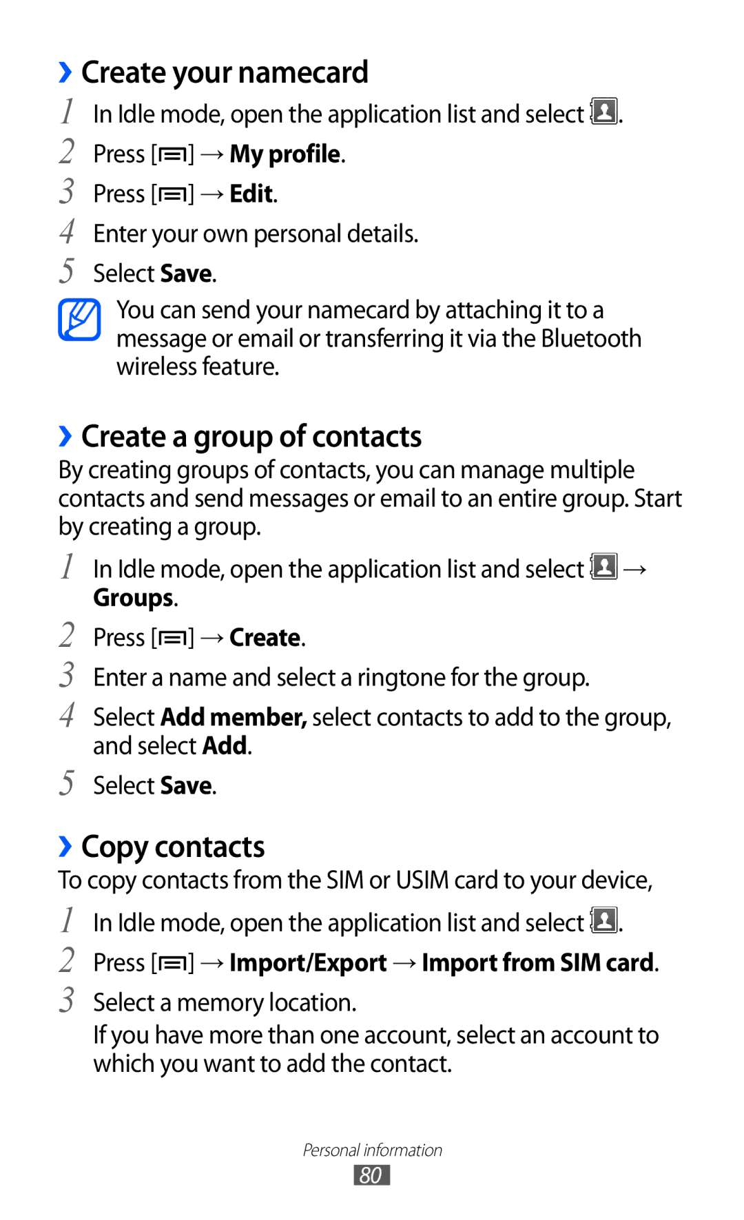 Samsung GT-S7500ABAATO, GT-S7500CWATUR manual ››Create your namecard, ››Create a group of contacts, ››Copy contacts, Groups 