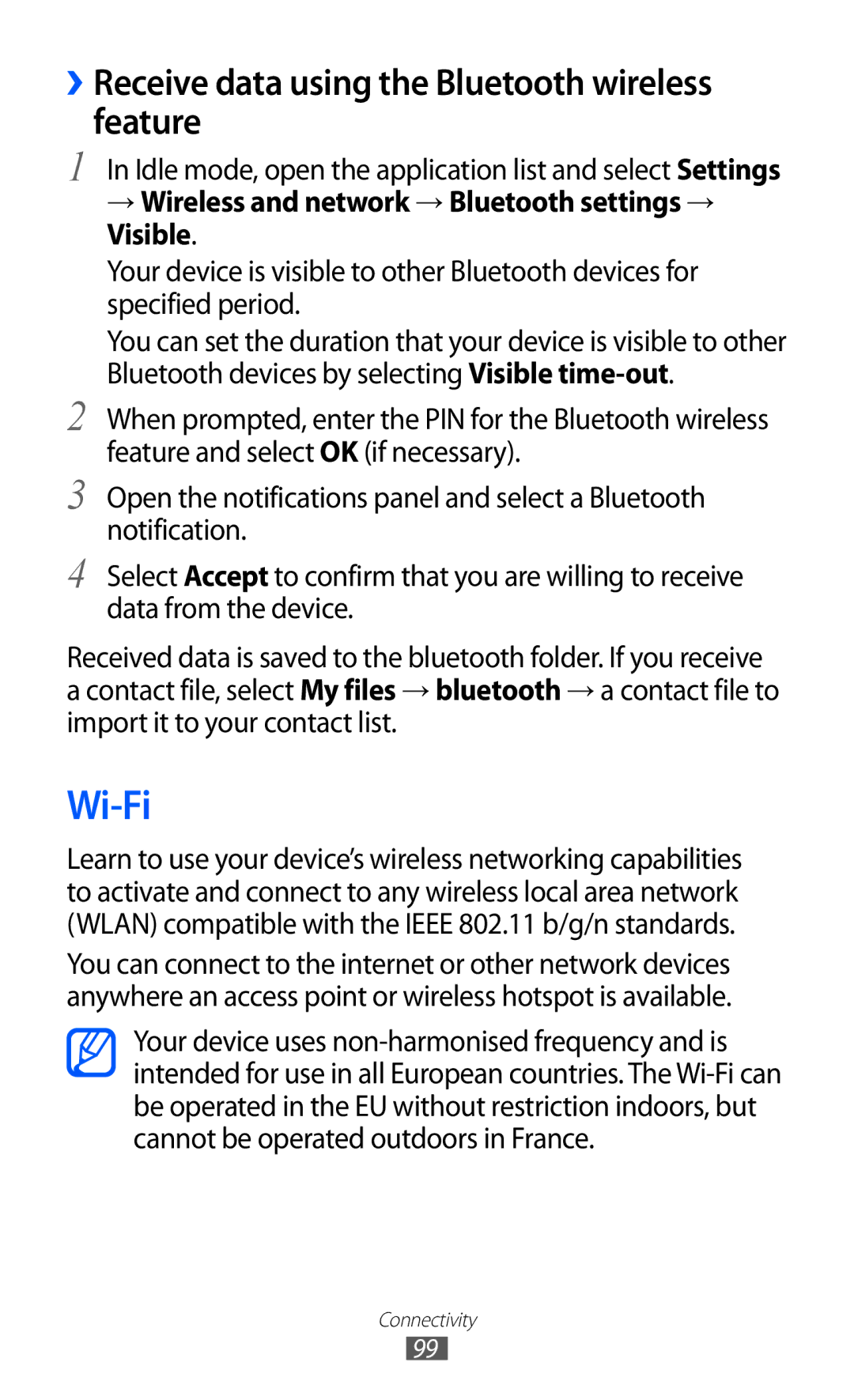 Samsung GT-S7500ABAXSG, GT-S7500CWATUR, GT-S7500ABADBT manual Wi-Fi, ››Receive data using the Bluetooth wireless feature 