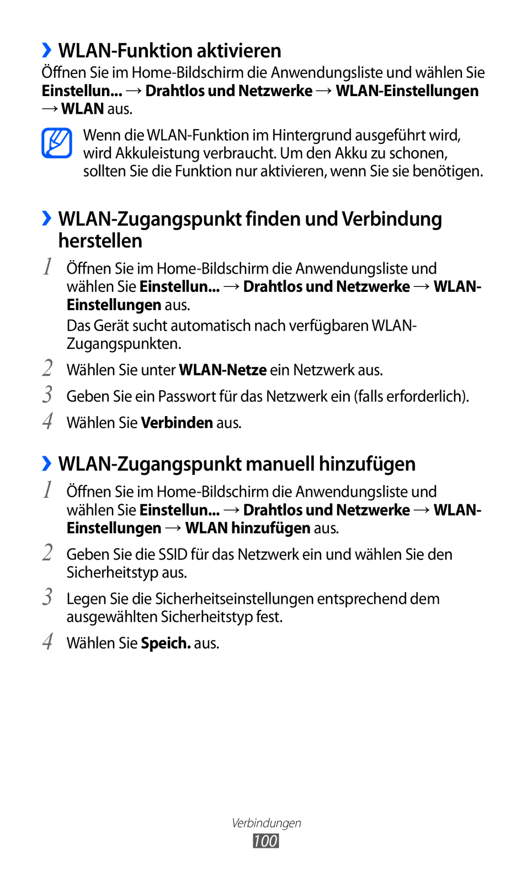 Samsung GT-S7500ABAHUI ››WLAN-Funktion aktivieren, ››WLAN-Zugangspunkt finden und Verbindung herstellen, 100, → Wlan aus 