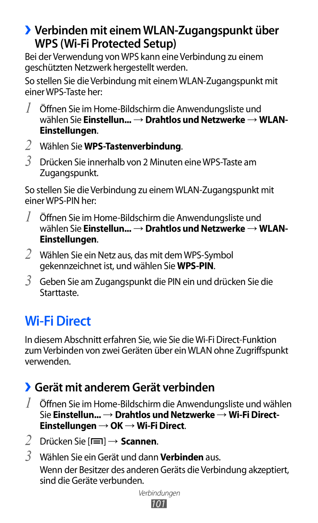 Samsung GT-S7500ABAEUR, GT-S7500CWATUR Wi-Fi Direct, WPS Wi-Fi Protected Setup, ››Gerät mit anderem Gerät verbinden, 101 