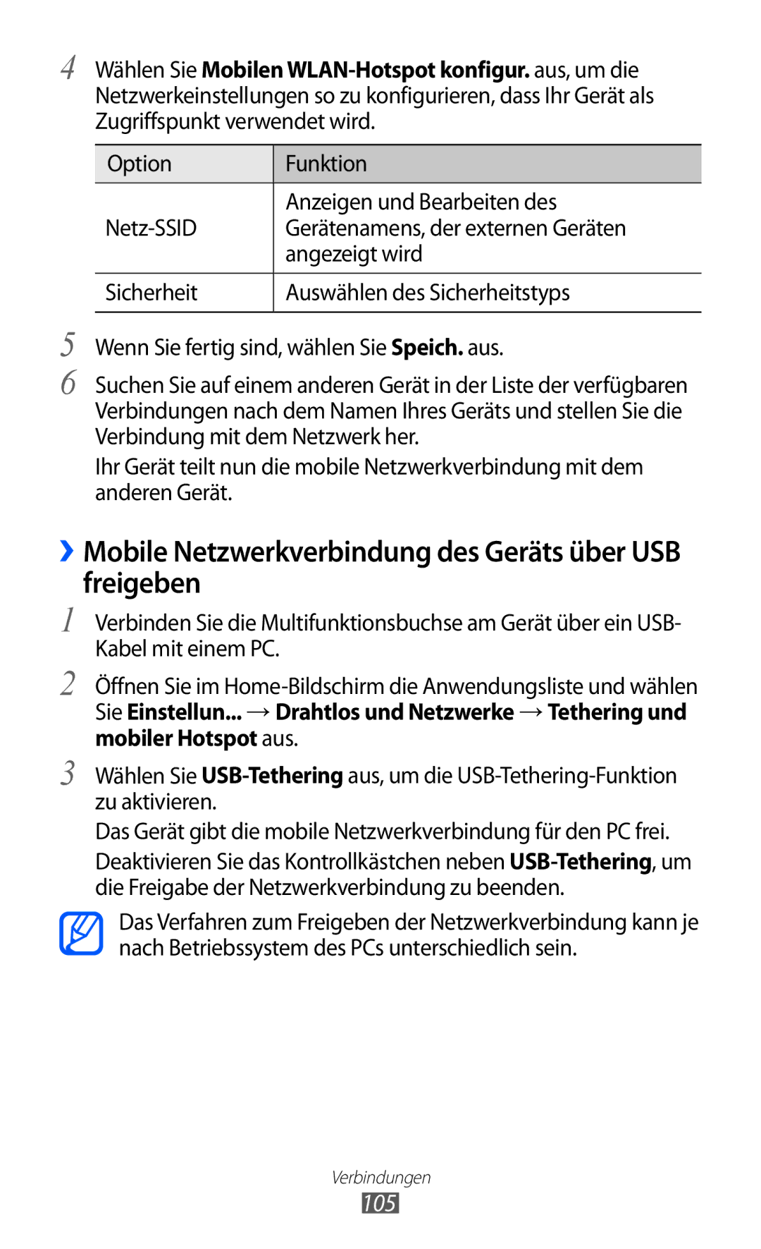 Samsung GT-S7500CWATUR, GT-S7500ABADBT, GT-S7500CWADBT manual ››Mobile Netzwerkverbindung des Geräts über USB freigeben, 105 