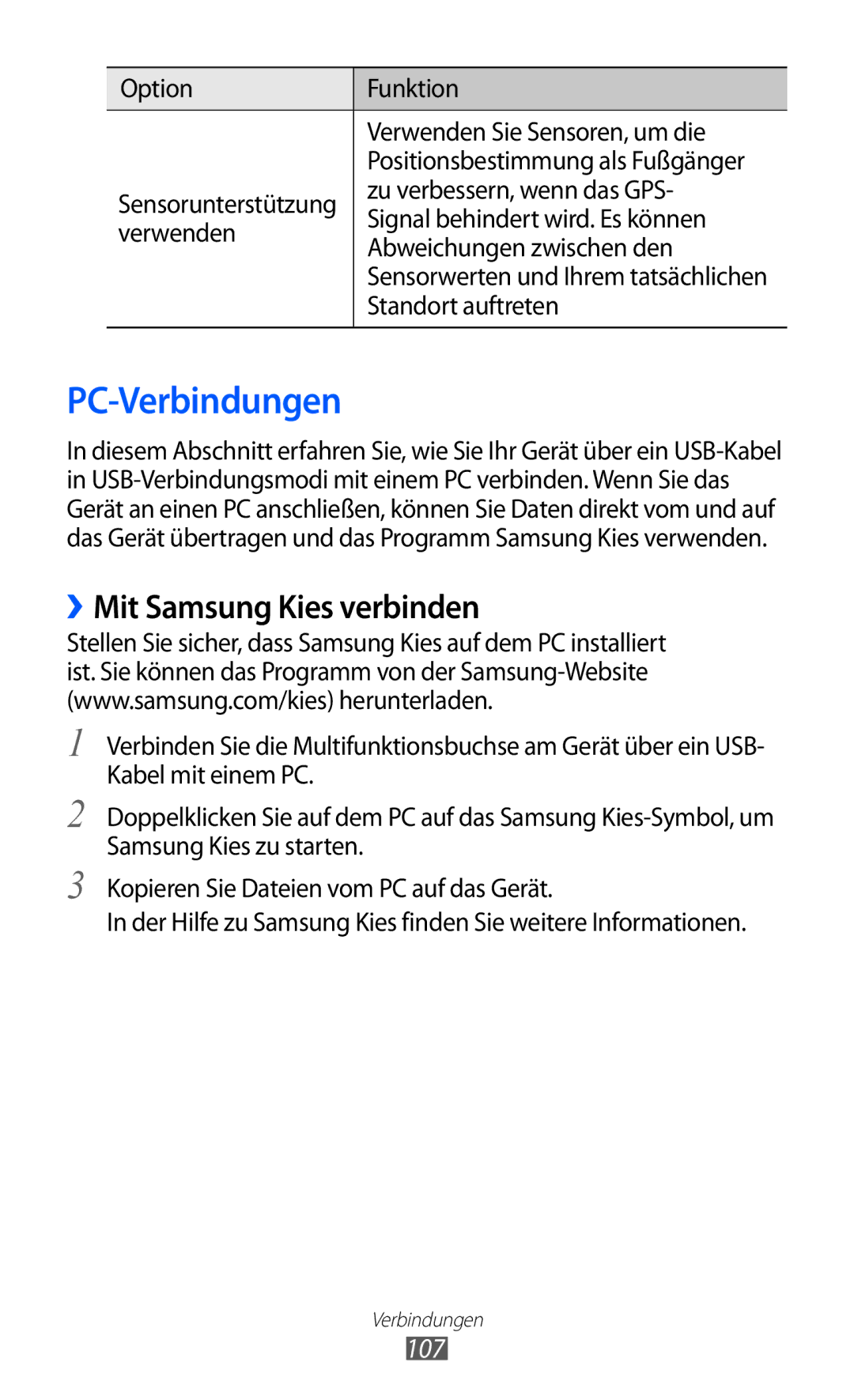 Samsung GT-S7500CWADBT, GT-S7500CWATUR, GT-S7500ABADBT, GT-S7500CWATCL PC-Verbindungen, ››Mit Samsung Kies verbinden, 107 