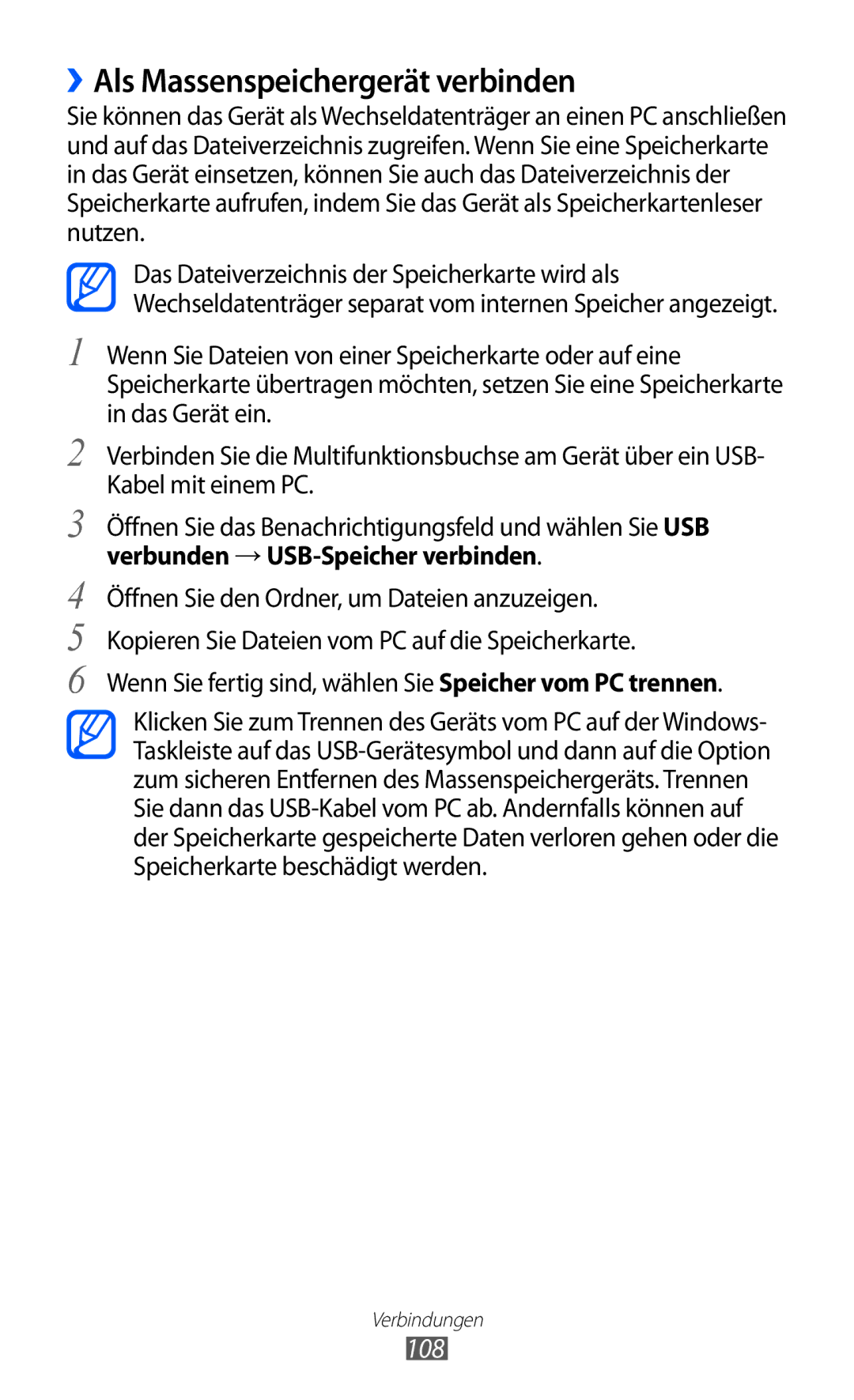 Samsung GT-S7500CWATCL, GT-S7500CWATUR, GT-S7500ABADBT, GT-S7500CWADBT manual ››Als Massenspeichergerät verbinden, 108 