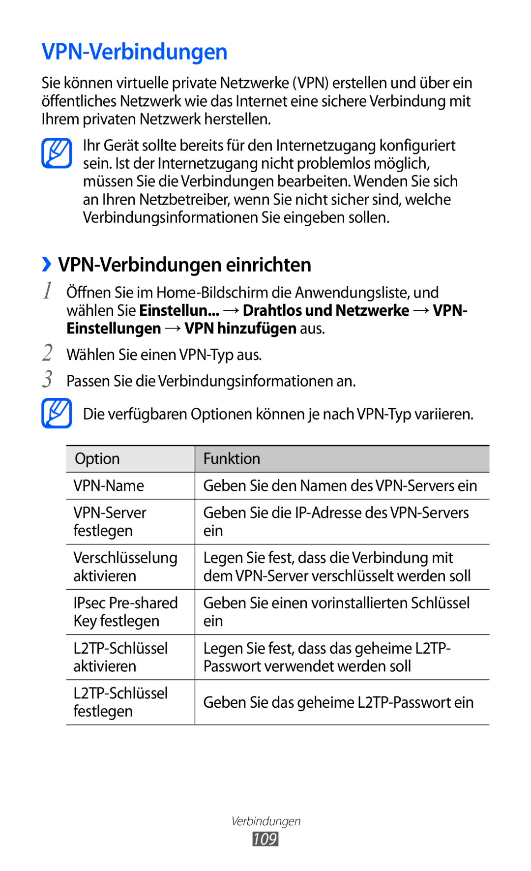 Samsung GT-S7500ABAATO, GT-S7500CWATUR, GT-S7500ABADBT, GT-S7500CWADBT, GT-S7500CWATCL ››VPN-Verbindungen einrichten, 109 