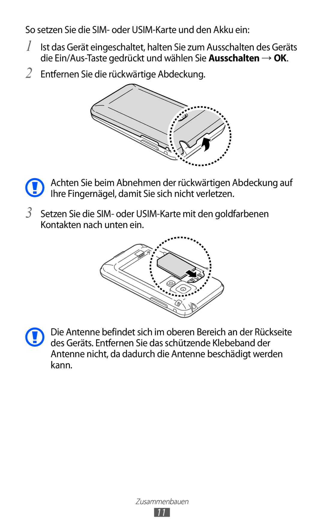 Samsung GT-S7500ABAEUR, GT-S7500CWATUR, GT-S7500ABADBT manual So setzen Sie die SIM- oder USIM-Karte und den Akku ein 