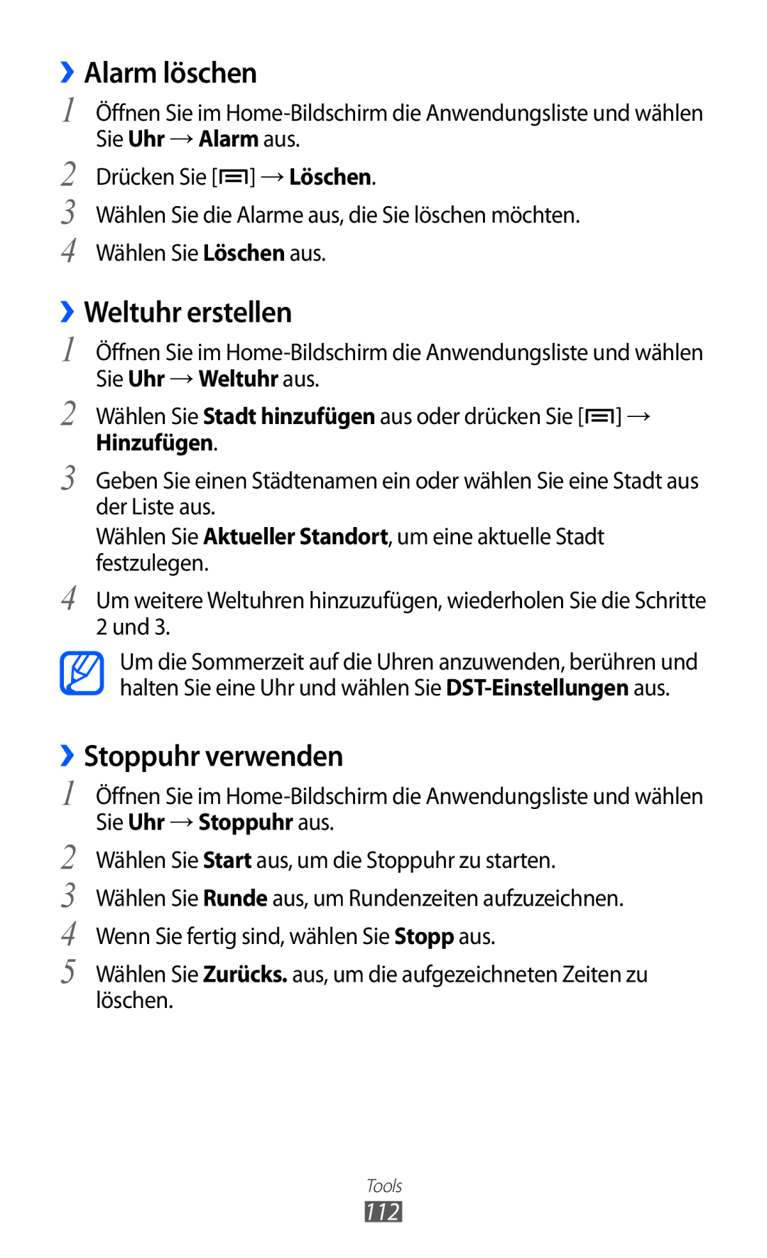 Samsung GT-S7500ABAVD2, GT-S7500CWATUR, GT-S7500ABADBT manual ››Alarm löschen, Weltuhr erstellen, ››Stoppuhr verwenden, 112 