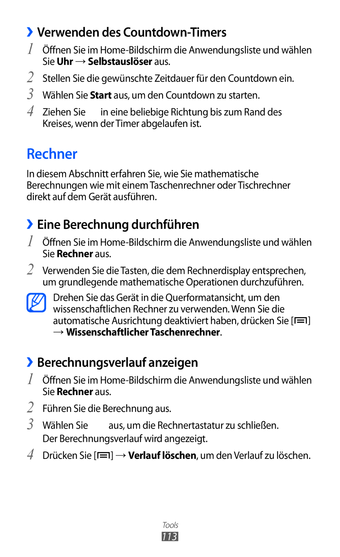 Samsung GT-S7500ABATCL, GT-S7500CWATUR manual Rechner, ››Verwenden des Countdown-Timers, ››Eine Berechnung durchführen, 113 