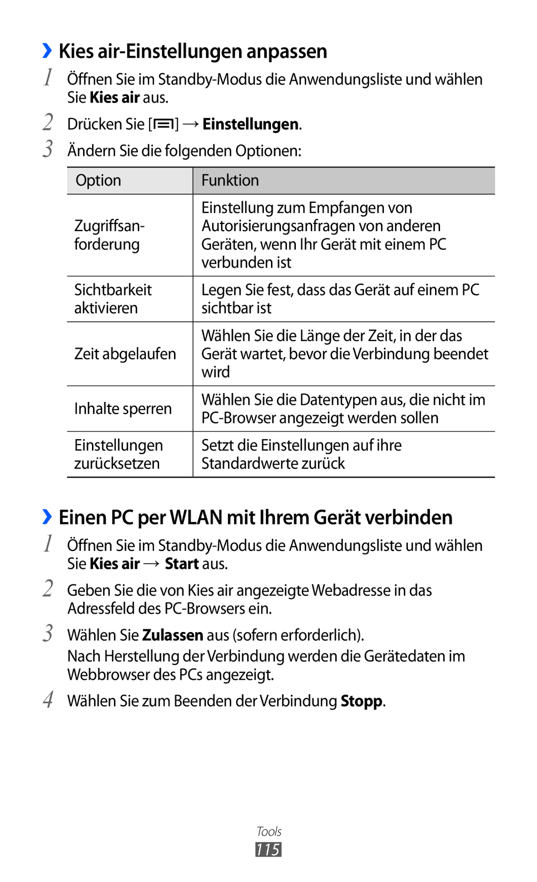 Samsung GT-S7500ABAHUI manual ››Kies air-Einstellungen anpassen, ››Einen PC per Wlan mit Ihrem Gerät verbinden, 115 