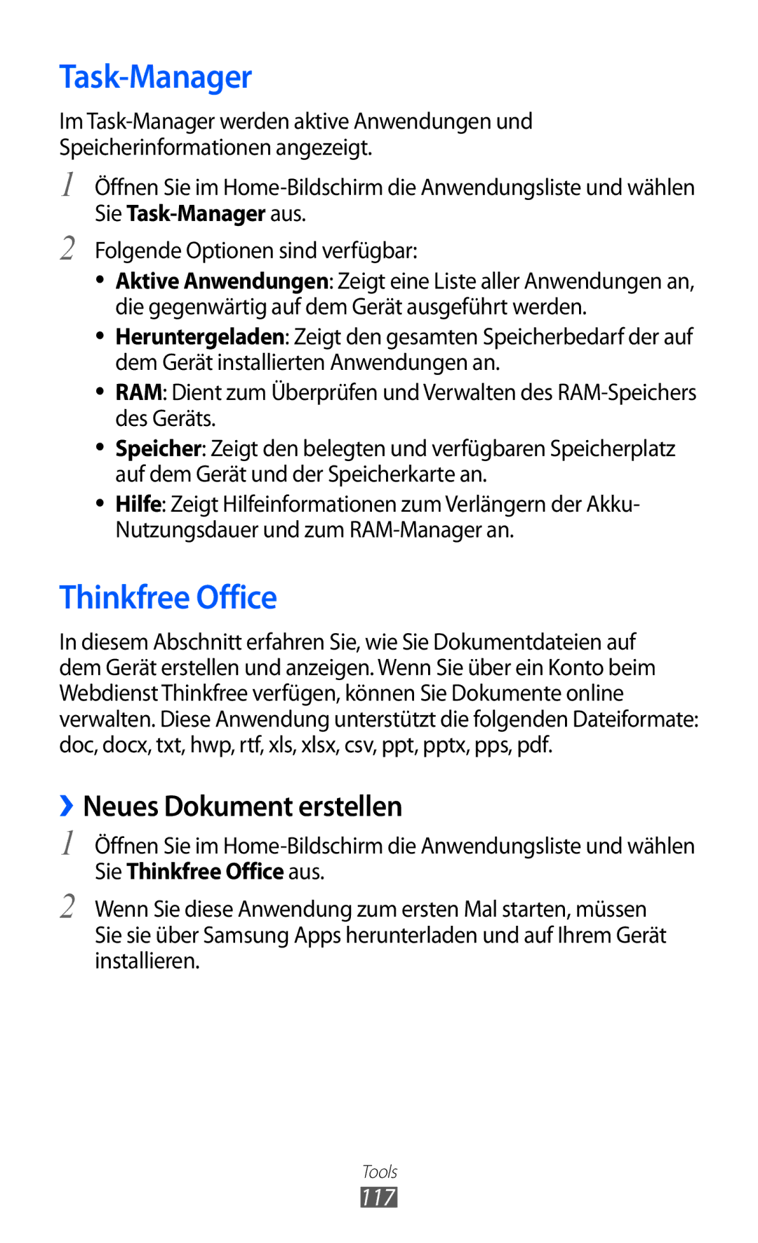 Samsung GT-S7500ABAXEG, GT-S7500CWATUR, GT-S7500ABADBT manual Task-Manager, Thinkfree Office, ››Neues Dokument erstellen, 117 