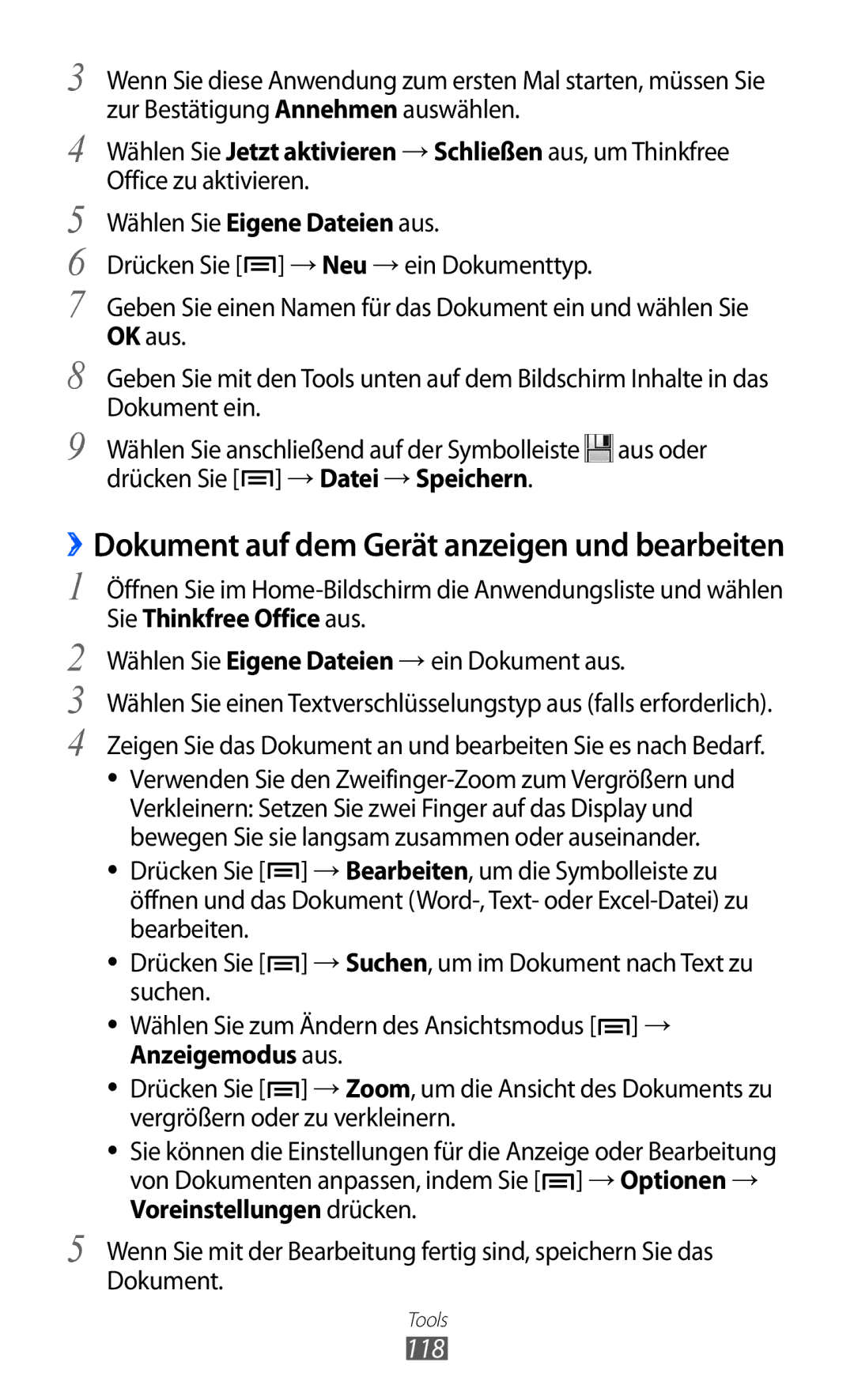 Samsung GT-S7500CWAWIN, GT-S7500CWATUR, GT-S7500ABADBT, GT-S7500CWADBT ››Dokument auf dem Gerät anzeigen und bearbeiten, 118 