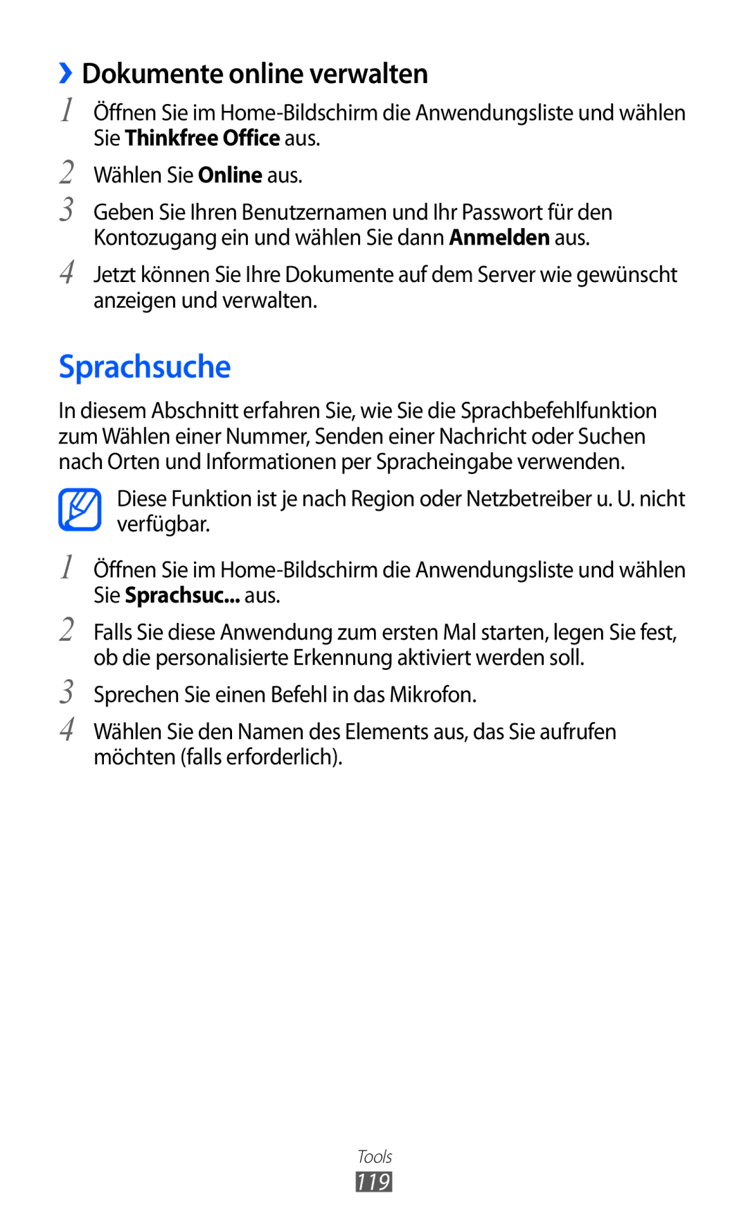 Samsung GT-S7500ABATUR, GT-S7500CWATUR, GT-S7500ABADBT, GT-S7500CWADBT manual Sprachsuche, ››Dokumente online verwalten, 119 