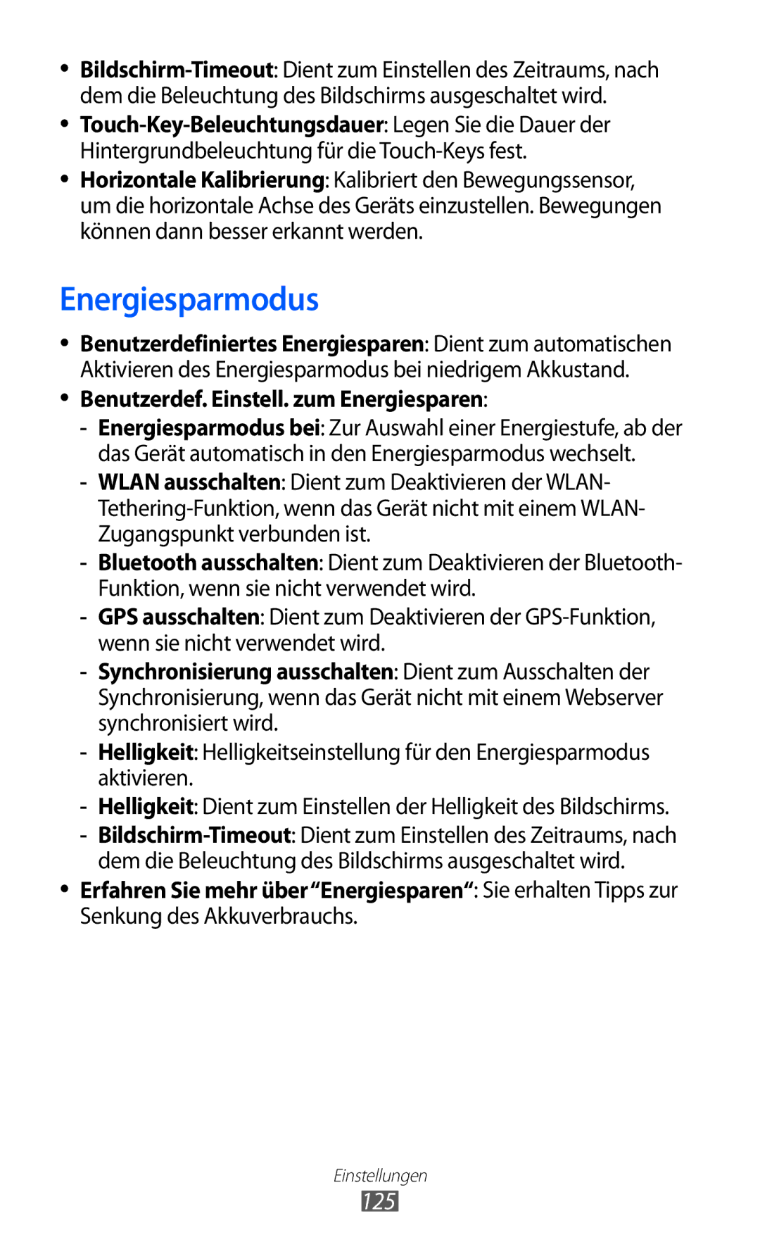 Samsung GT-S7500HKADBT, GT-S7500CWATUR, GT-S7500ABADBT manual Energiesparmodus, 125, Benutzerdef. Einstell. zum Energiesparen 