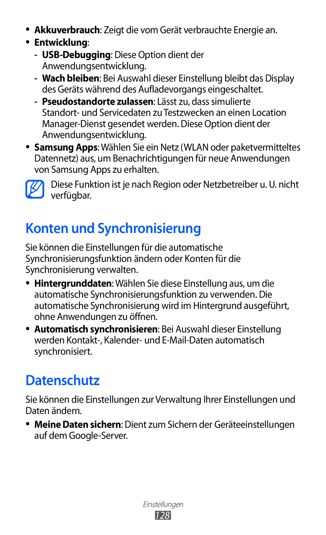 Samsung GT-S7500ABATCL, GT-S7500CWATUR, GT-S7500ABADBT, GT-S7500CWADBT manual Konten und Synchronisierung, Datenschutz, 128 