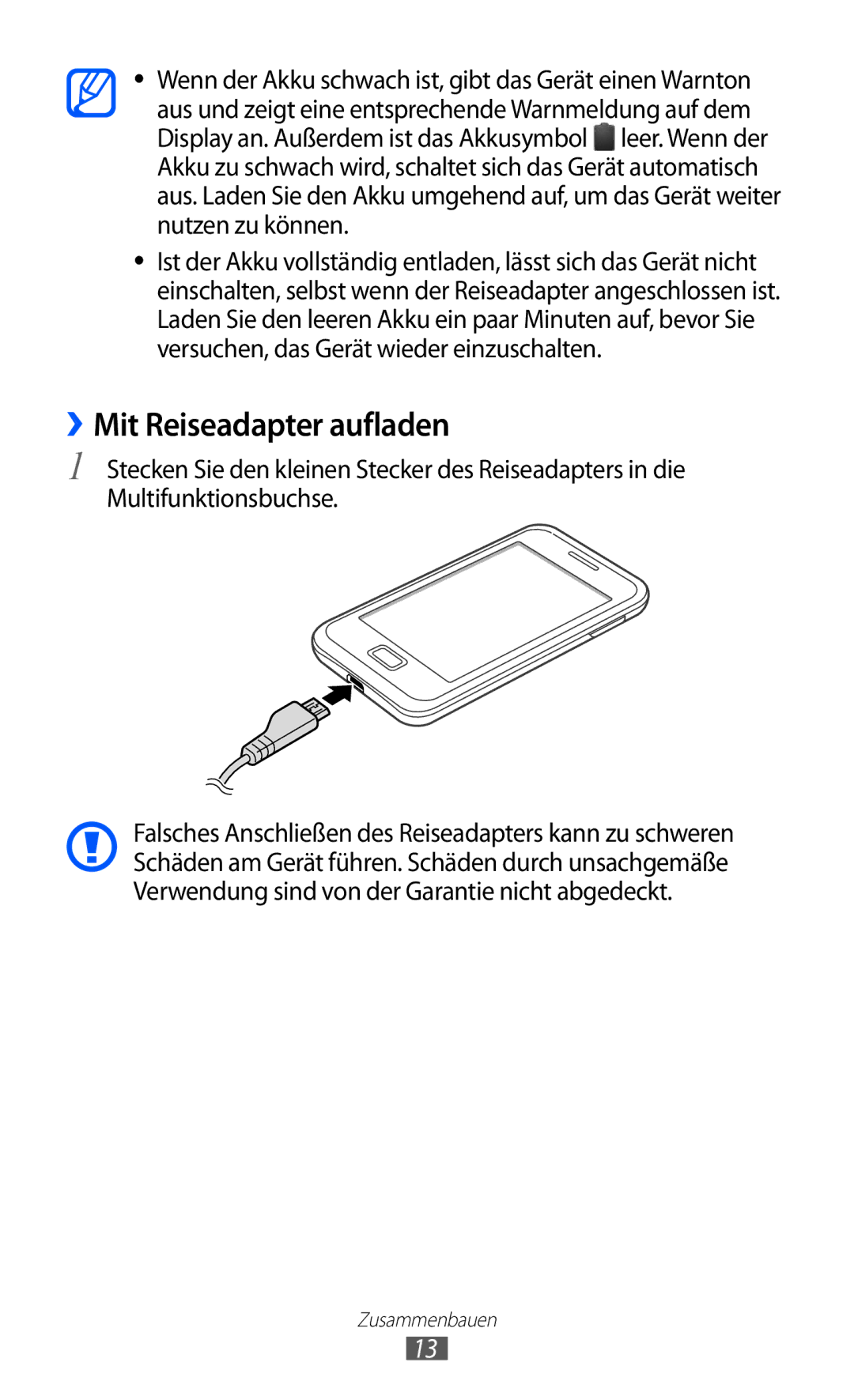 Samsung GT-S7500CWAWIN, GT-S7500CWATUR, GT-S7500ABADBT, GT-S7500CWADBT, GT-S7500CWATCL manual ››Mit Reiseadapter aufladen 