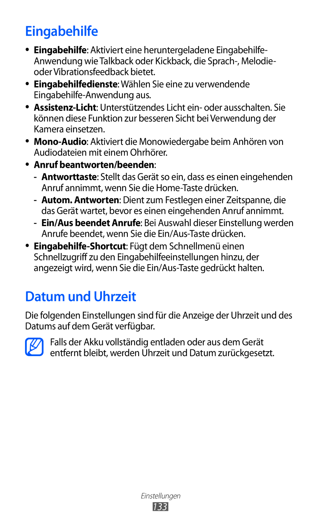 Samsung GT-S7500CWAWIN, GT-S7500CWATUR, GT-S7500ABADBT, GT-S7500CWADBT, GT-S7500CWATCL Eingabehilfe, Datum und Uhrzeit, 133 