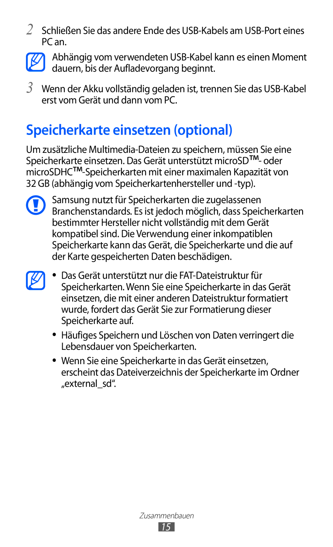 Samsung GT-S7500CWATUR, GT-S7500ABADBT, GT-S7500CWADBT, GT-S7500CWATCL, GT-S7500ABAATO manual Speicherkarte einsetzen optional 