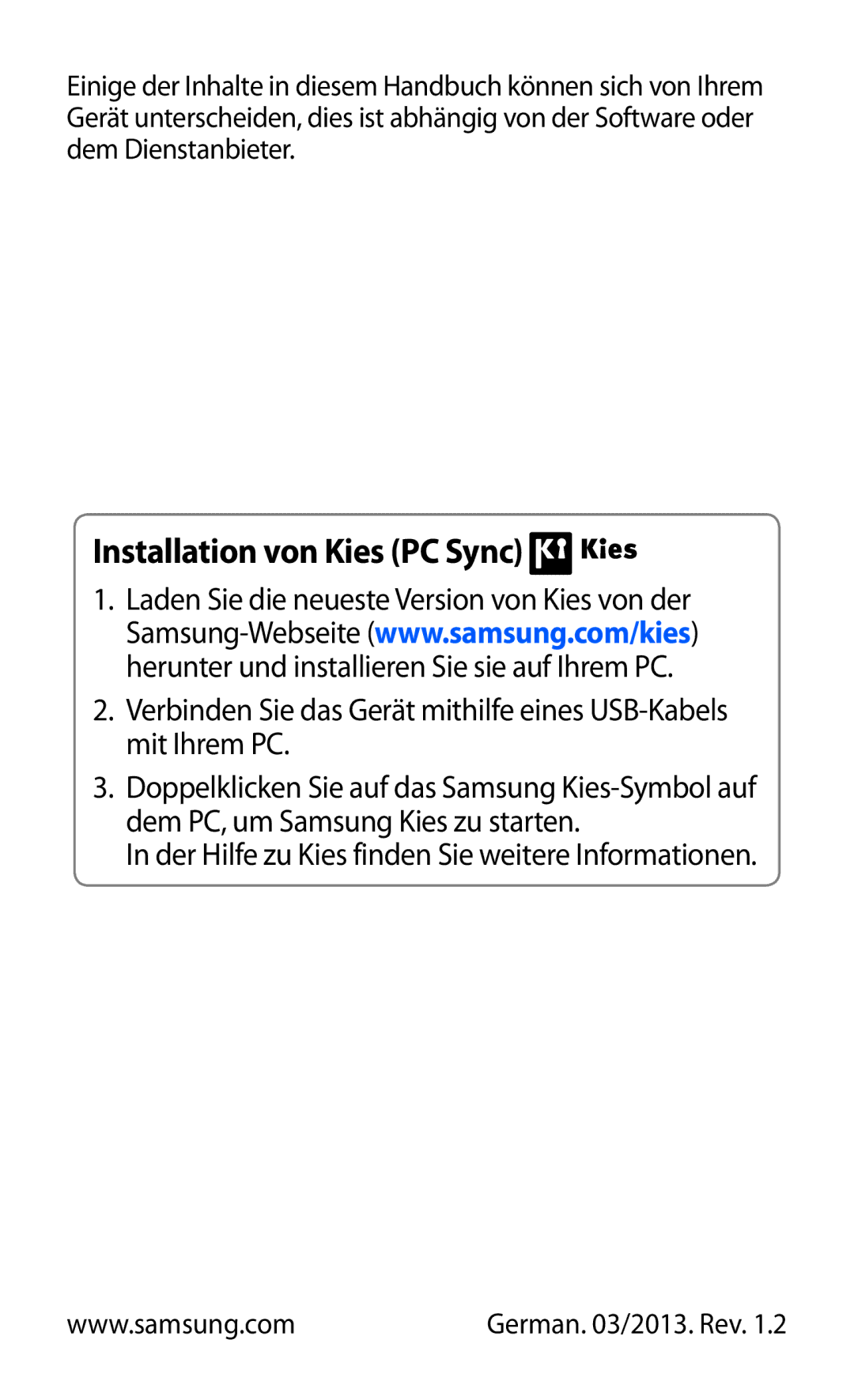 Samsung GT-S7500ABADTM, GT-S7500CWATUR, GT-S7500ABADBT, GT-S7500CWADBT, GT-S7500CWATCL manual Installation von Kies PC Sync 