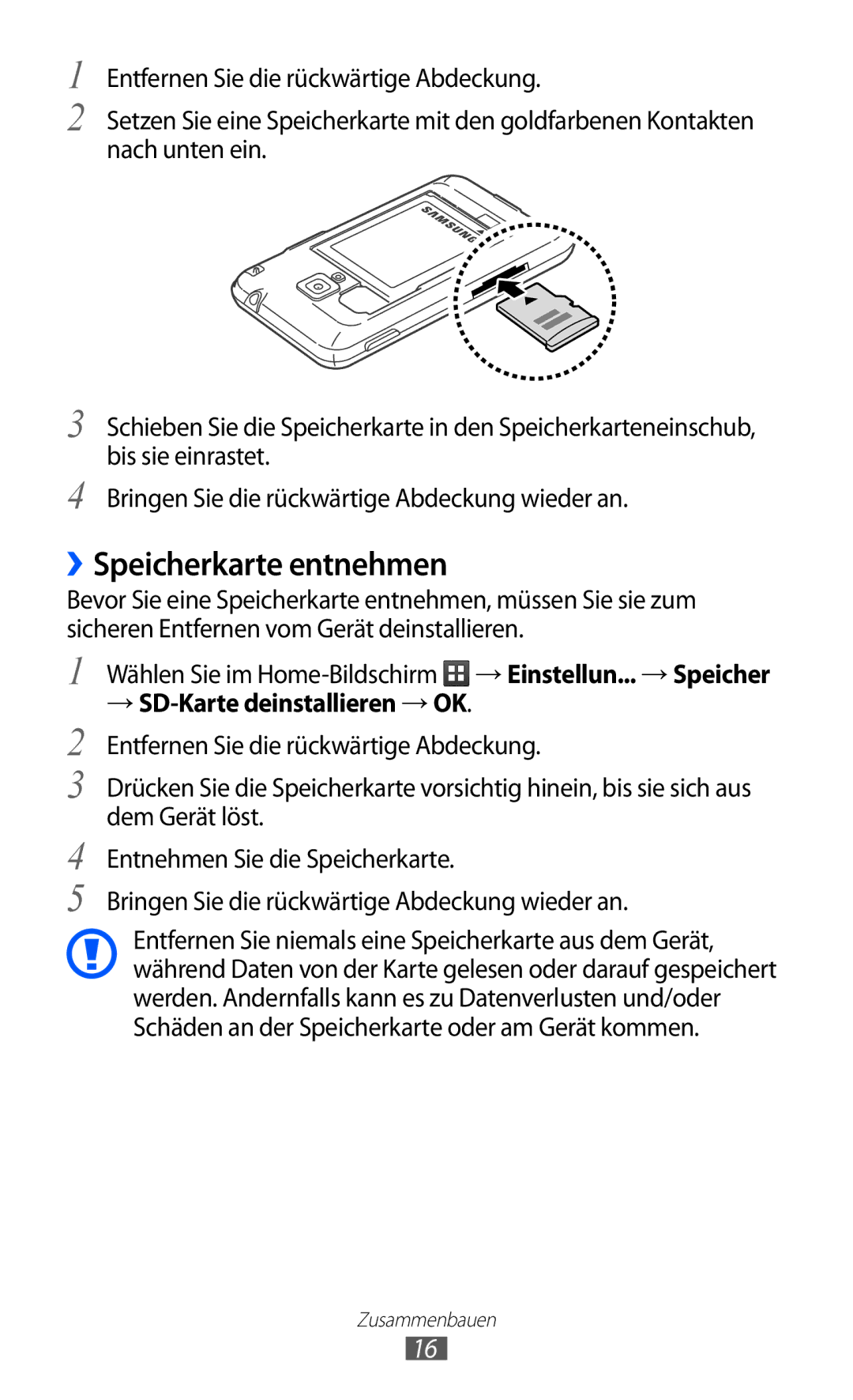 Samsung GT-S7500ABADBT, GT-S7500CWATUR, GT-S7500CWADBT, GT-S7500CWATCL, GT-S7500ABAATO manual ››Speicherkarte entnehmen 