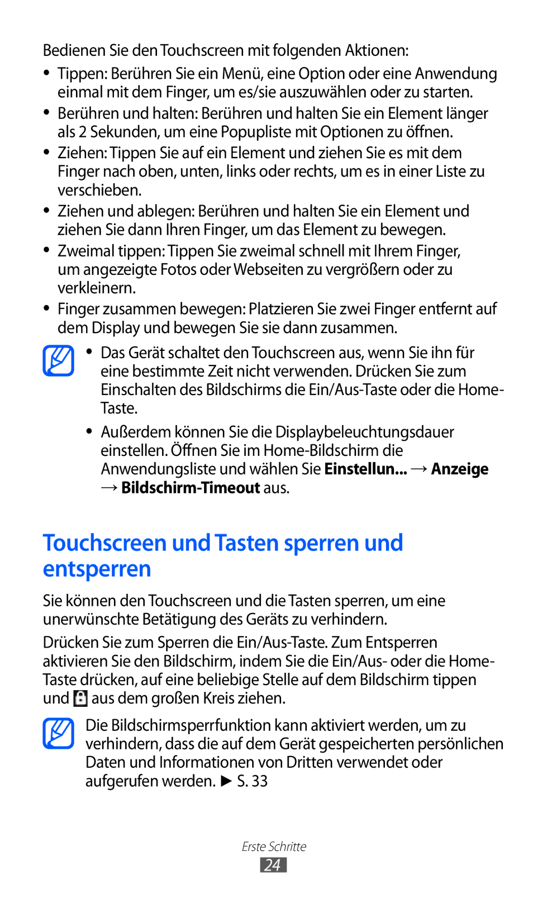 Samsung GT-S7500ABADTM, GT-S7500CWATUR manual Touchscreen und Tasten sperren und entsperren, → Bildschirm-Timeout aus 