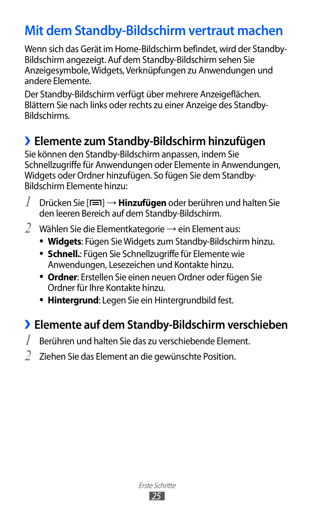 Samsung GT-S7500ABAHUI manual Mit dem Standby-Bildschirm vertraut machen, ››Elemente zum Standby-Bildschirm hinzufügen 