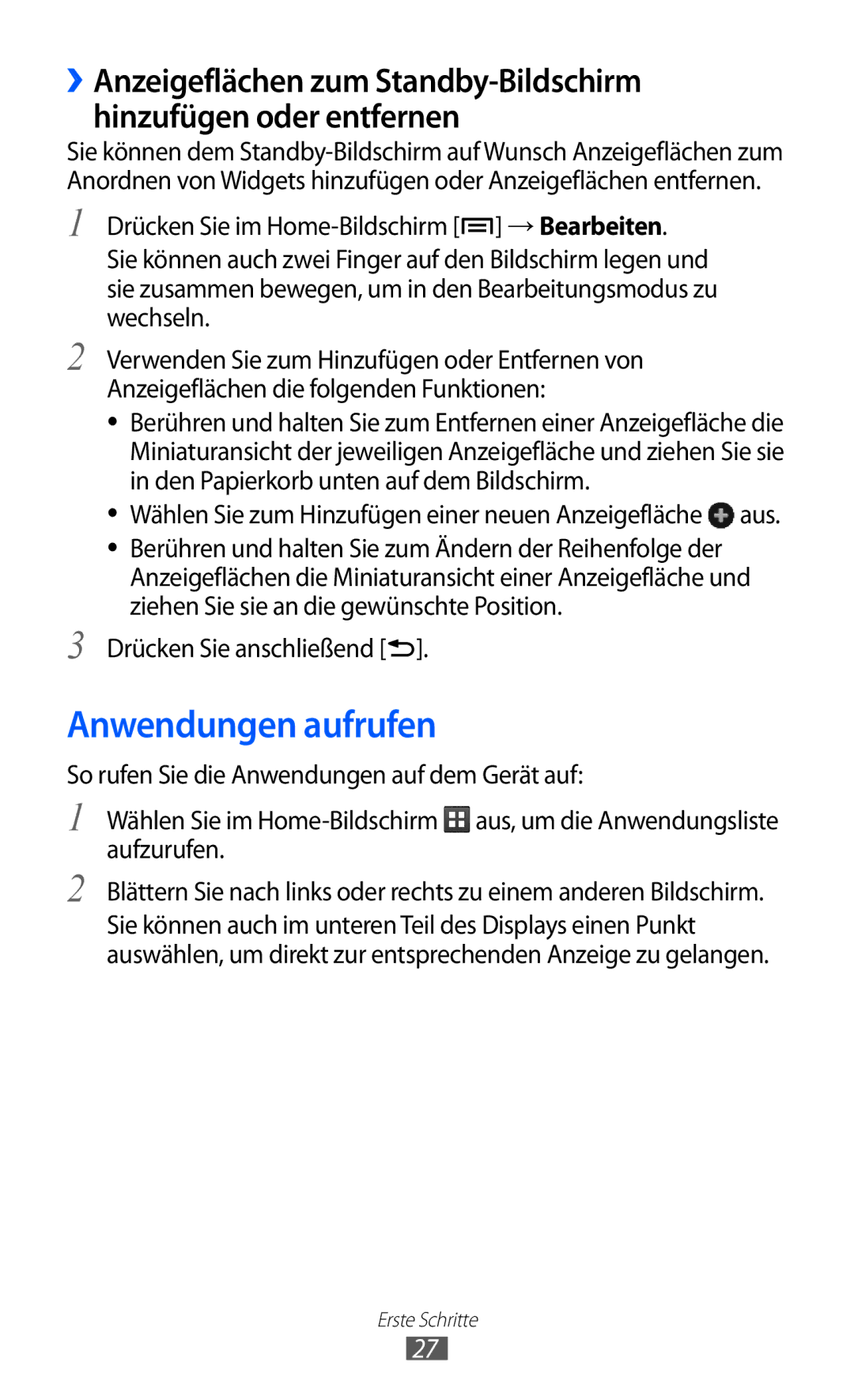 Samsung GT-S7500ABAXEG, GT-S7500CWATUR manual Anwendungen aufrufen, Wählen Sie zum Hinzufügen einer neuen Anzeigefläche aus 