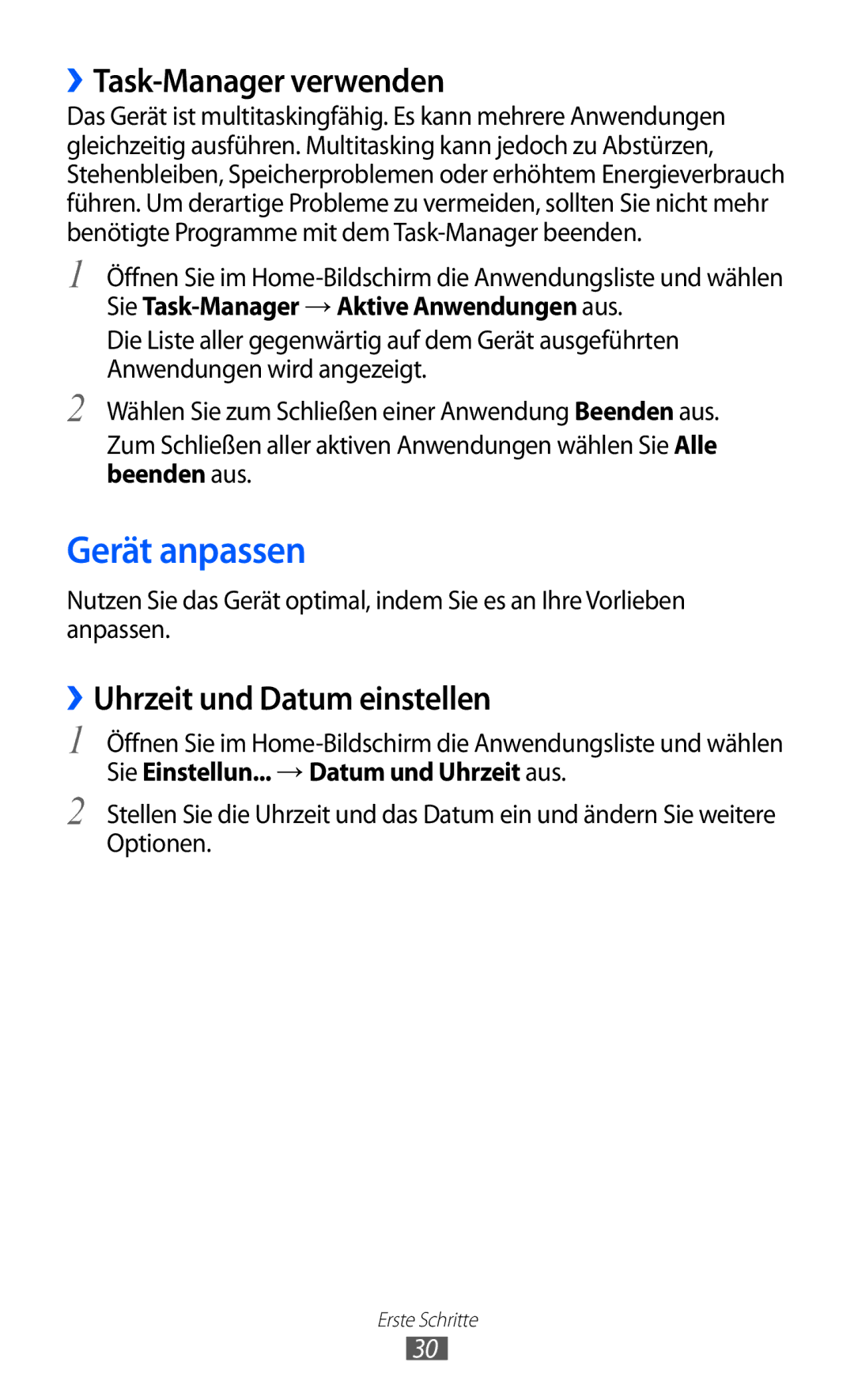 Samsung GT-S7500CWATUR, GT-S7500ABADBT manual Gerät anpassen, ››Task-Manager verwenden, ››Uhrzeit und Datum einstellen 