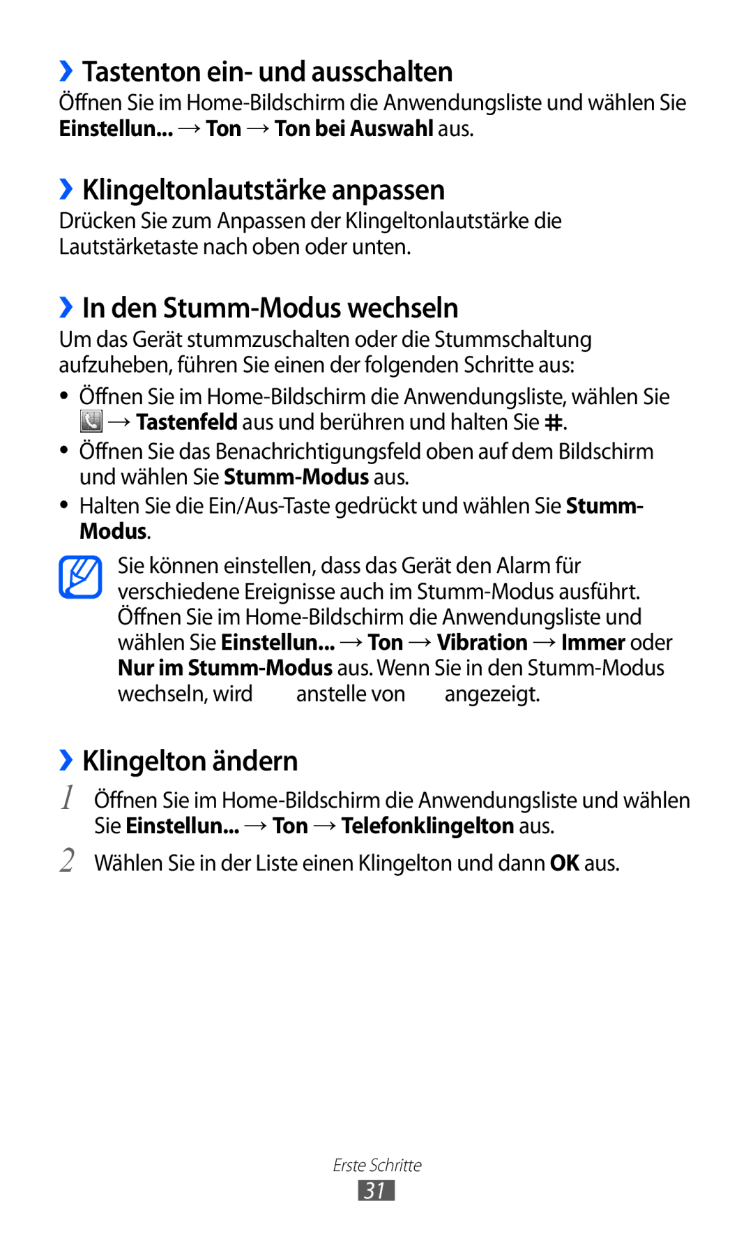 Samsung GT-S7500ABADBT ››Tastenton ein- und ausschalten, ››Klingeltonlautstärke anpassen, ››In den Stumm-Modus wechseln 