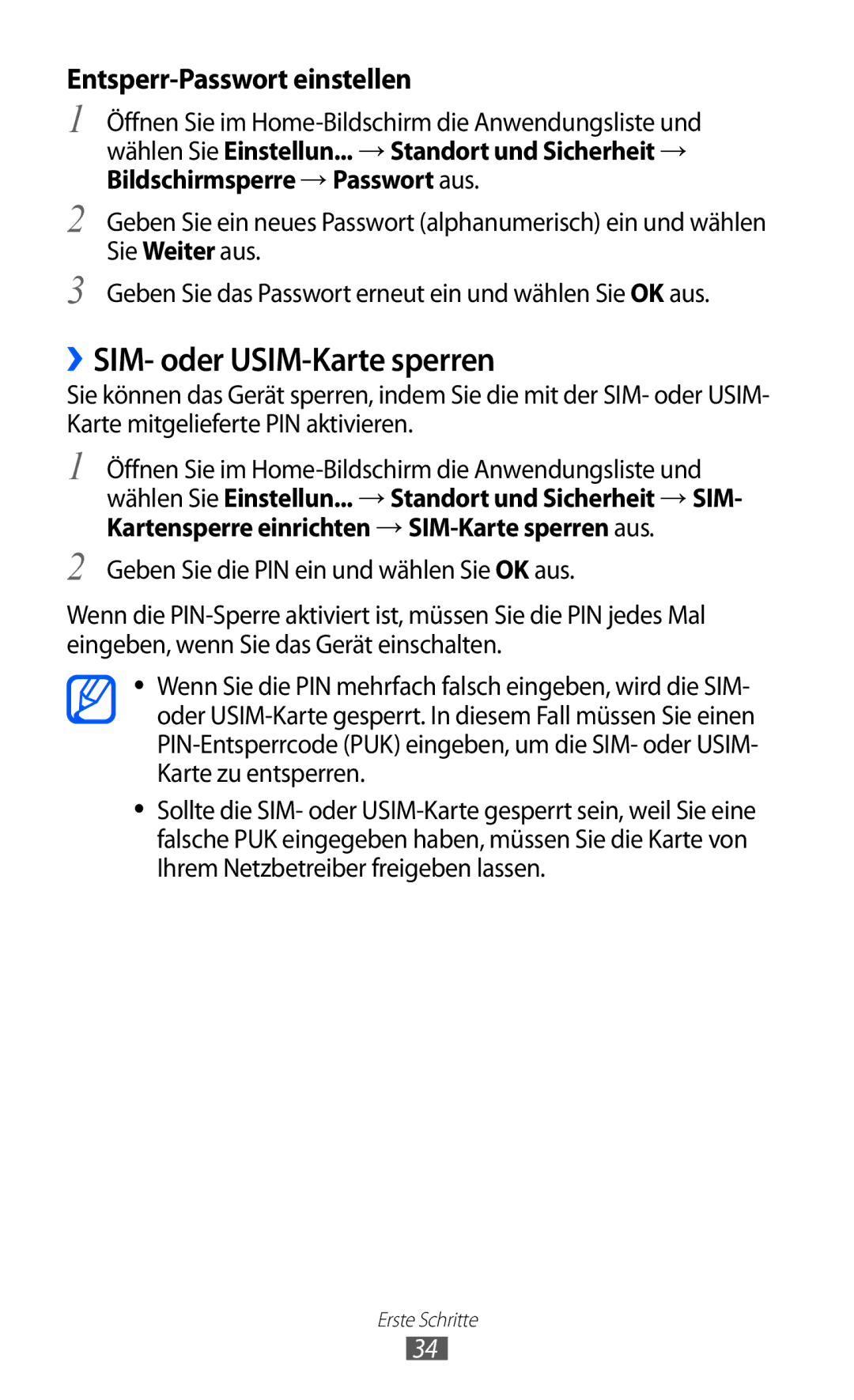 Samsung GT-S7500ABAATO, GT-S7500CWATUR, GT-S7500ABADBT manual ››SIM- oder USIM-Karte sperren, Entsperr-Passwort einstellen 