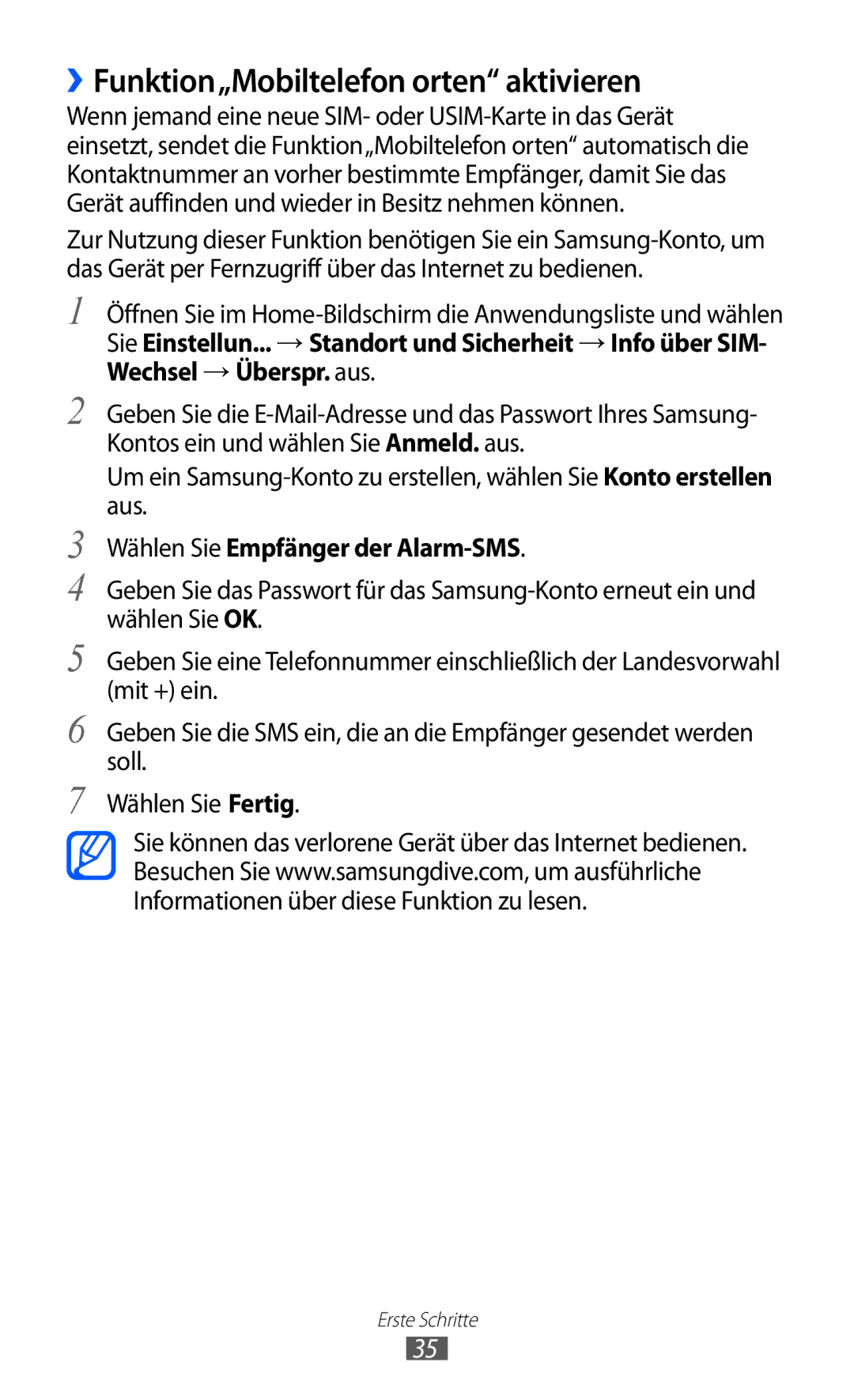 Samsung GT-S7500HKADBT, GT-S7500CWATUR manual ››Funktion„Mobiltelefon orten aktivieren, Wählen Sie Empfänger der Alarm-SMS 