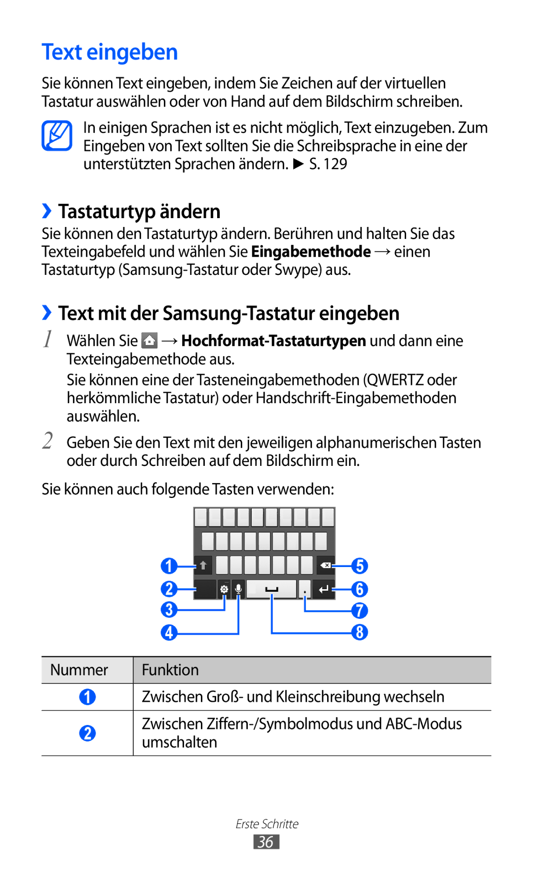 Samsung GT-S7500CWAHUI, GT-S7500CWATUR manual Text eingeben, ››Tastaturtyp ändern, ››Text mit der Samsung-Tastatur eingeben 