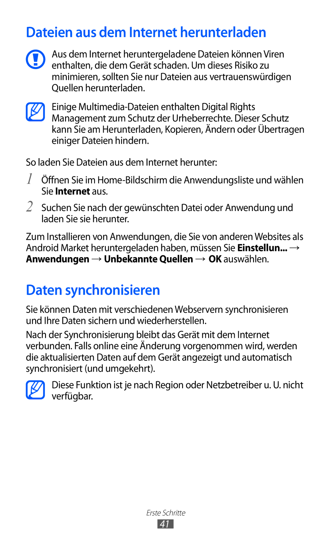 Samsung GT-S7500ABAEUR, GT-S7500CWATUR, GT-S7500ABADBT manual Dateien aus dem Internet herunterladen, Daten synchronisieren 