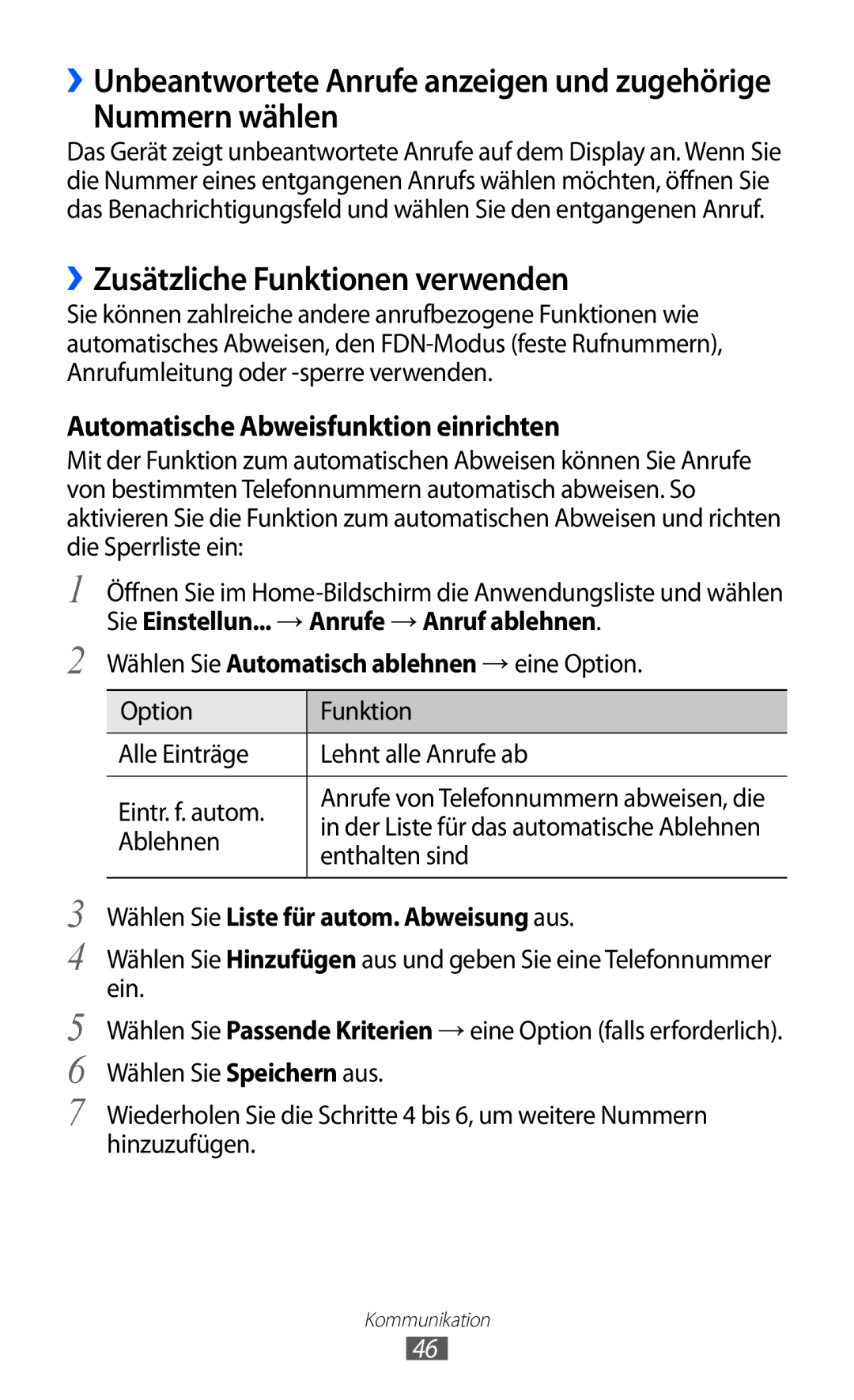 Samsung GT-S7500ABADBT manual Nummern wählen, ››Zusätzliche Funktionen verwenden, Wählen Sie Liste für autom. Abweisung aus 