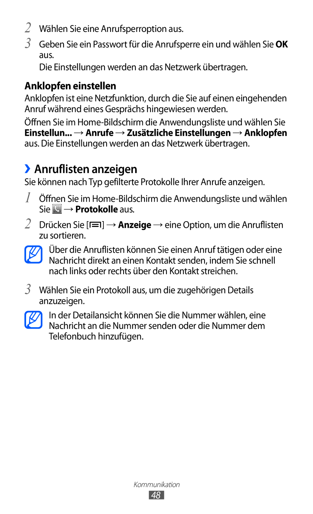 Samsung GT-S7500CWATCL, GT-S7500CWATUR, GT-S7500ABADBT, GT-S7500CWADBT manual ››Anruflisten anzeigen, Anklopfen einstellen 