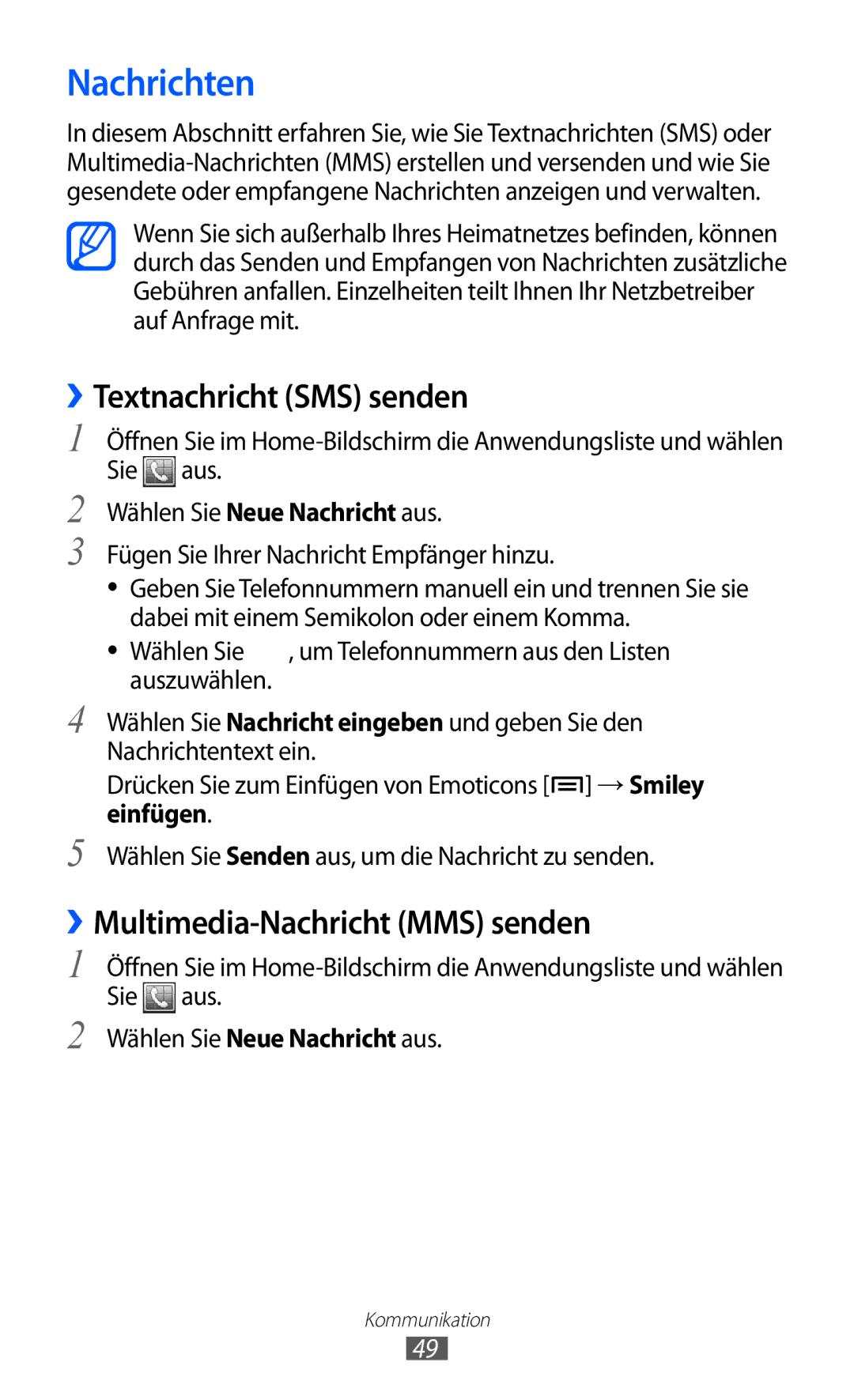 Samsung GT-S7500ABAATO, GT-S7500CWATUR manual Nachrichten, ››Textnachricht SMS senden, ››Multimedia-Nachricht MMS senden 