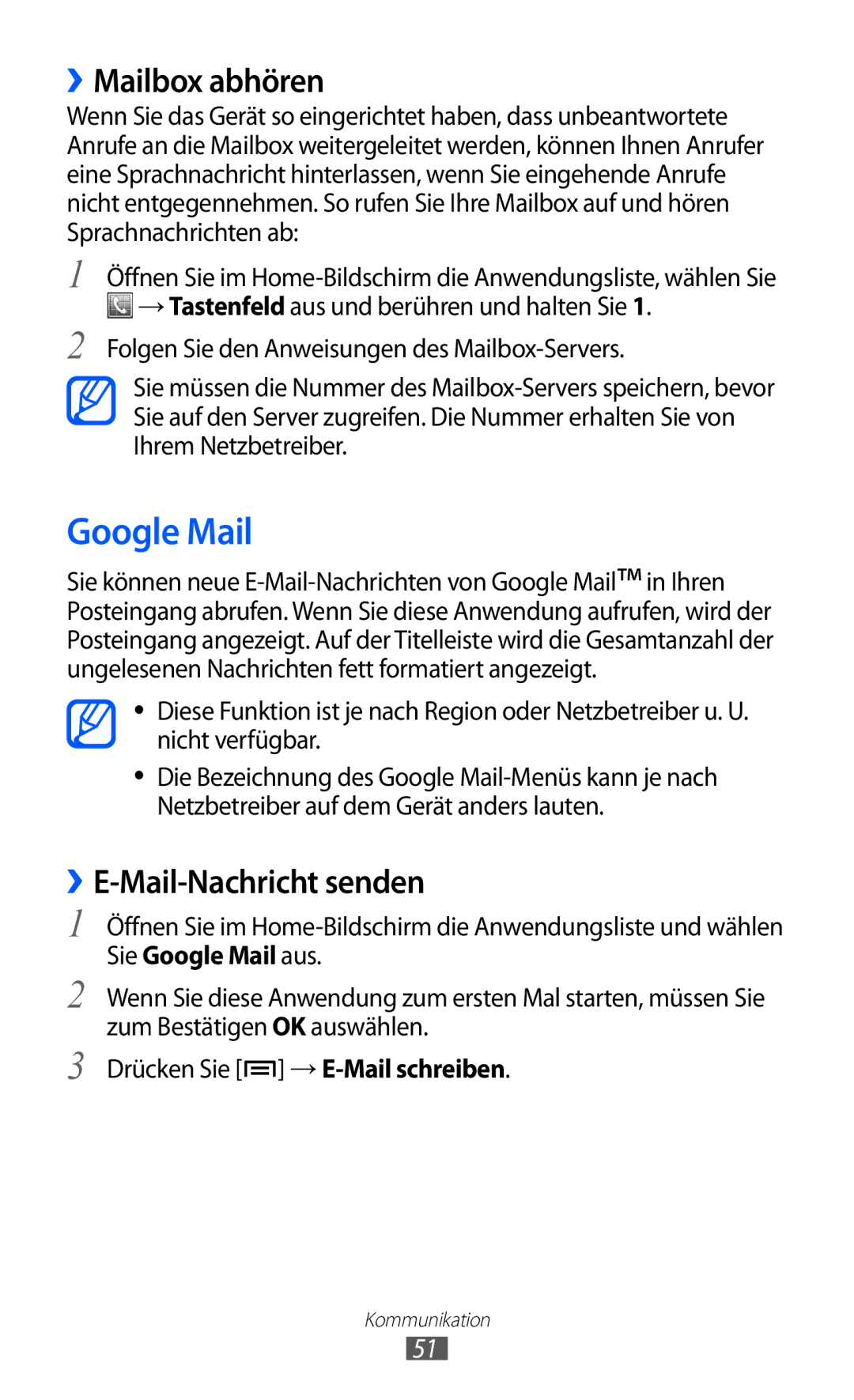 Samsung GT-S7500CWAHUI, GT-S7500CWATUR, GT-S7500ABADBT manual Google Mail, ››Mailbox abhören, ››E-Mail-Nachricht senden 