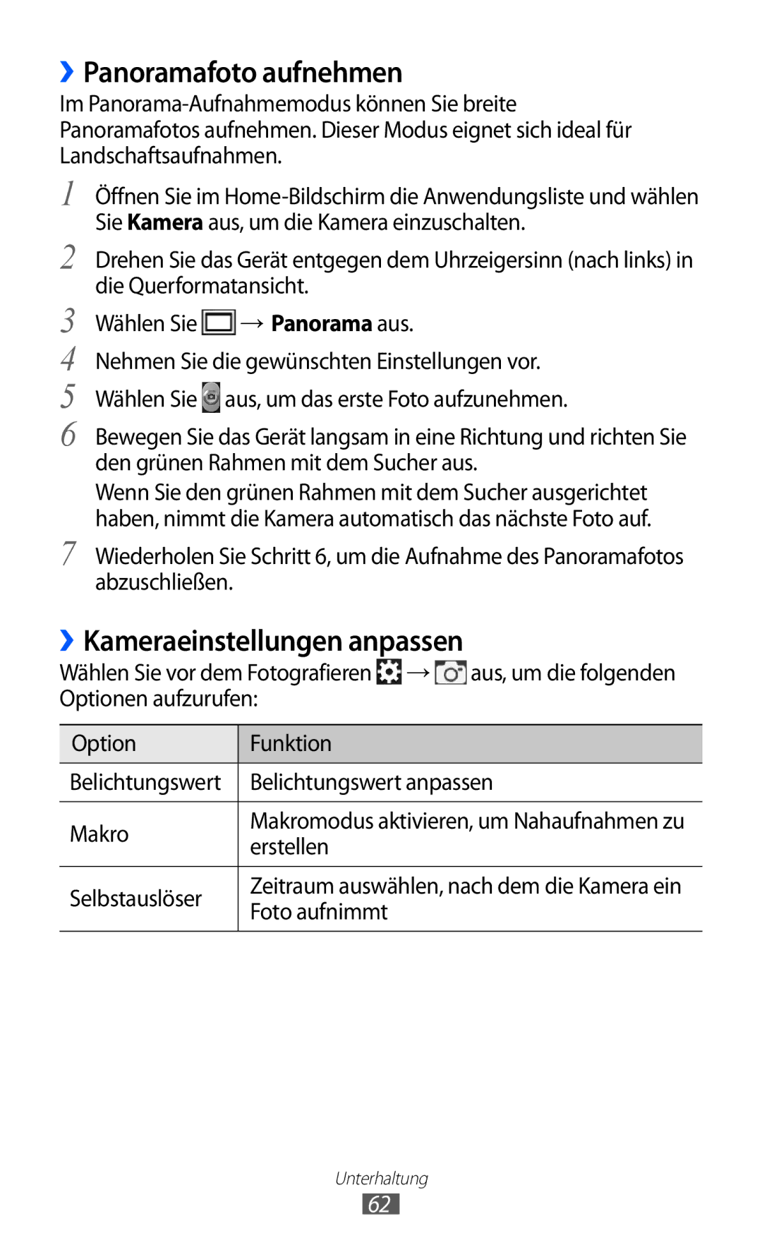 Samsung GT-S7500CWADBT, GT-S7500CWATUR, GT-S7500ABADBT manual ››Panoramafoto aufnehmen, ››Kameraeinstellungen anpassen 