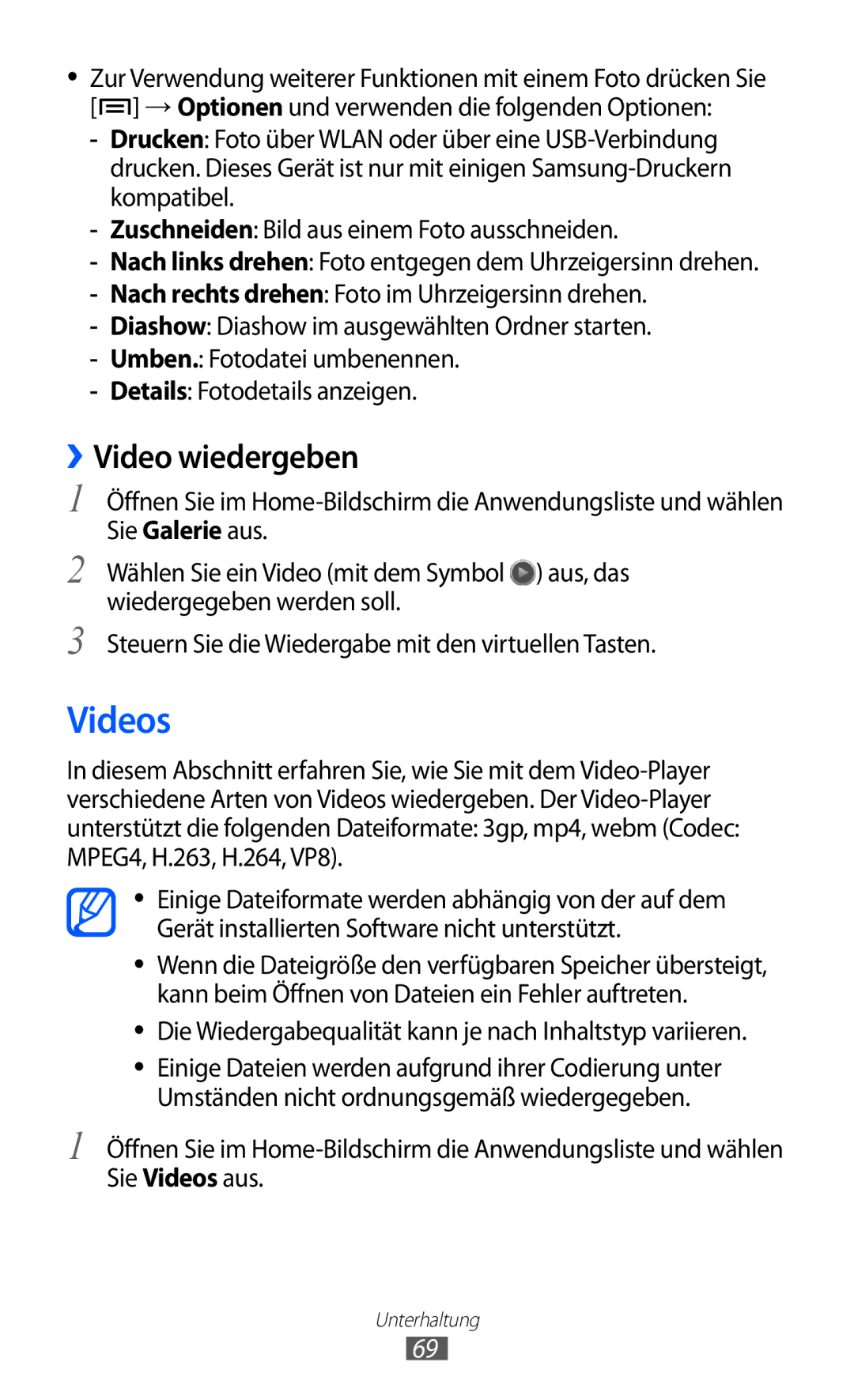 Samsung GT-S7500ABADTM, GT-S7500CWATUR, GT-S7500ABADBT, GT-S7500CWADBT, GT-S7500CWATCL manual Videos, ››Video wiedergeben 