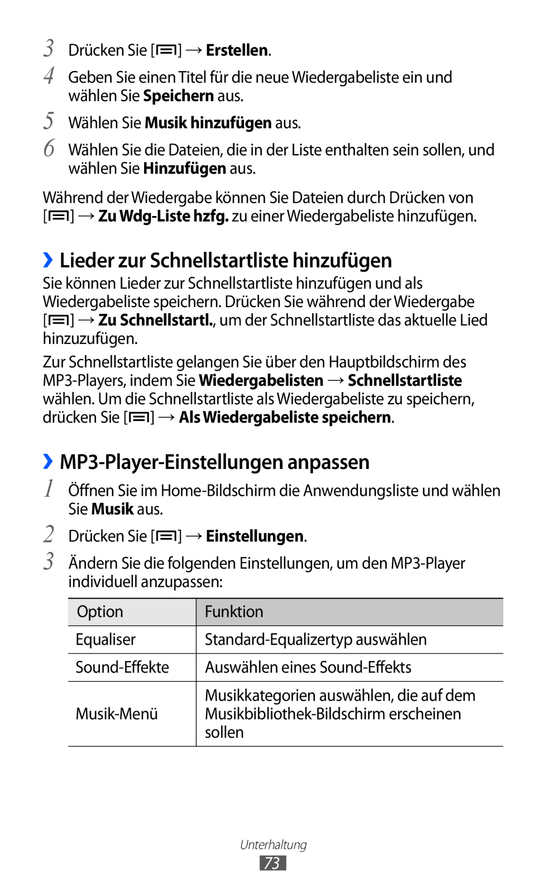 Samsung GT-S7500CWAWIN, GT-S7500CWATUR manual ››Lieder zur Schnellstartliste hinzufügen, ››MP3-Player-Einstellungen anpassen 