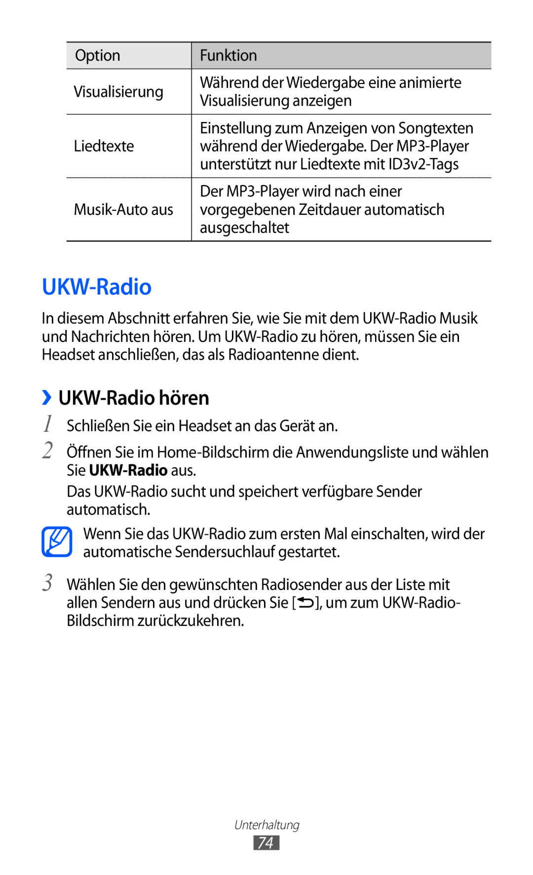 Samsung GT-S7500ABATUR, GT-S7500CWATUR, GT-S7500ABADBT, GT-S7500CWADBT, GT-S7500CWATCL, GT-S7500ABAATO ››UKW-Radio hören 