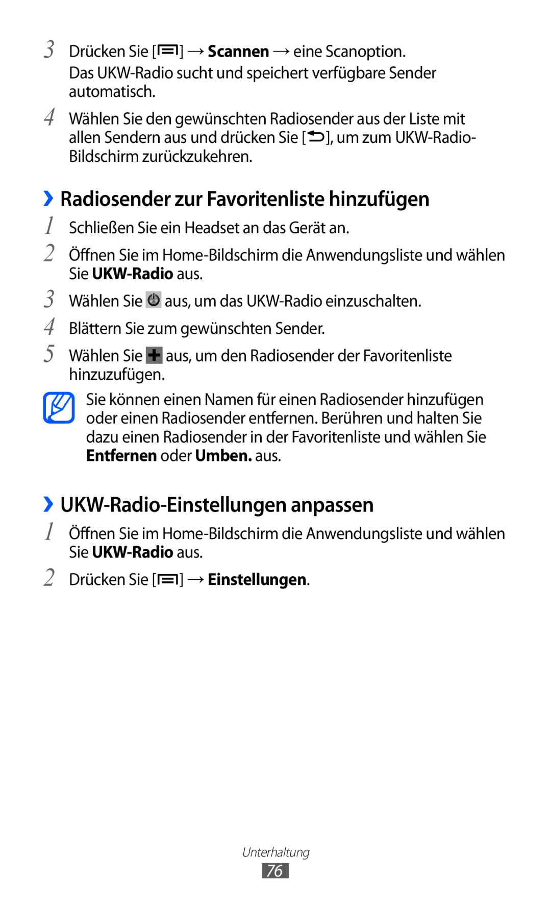 Samsung GT-S7500ABADBT, GT-S7500CWATUR ››Radiosender zur Favoritenliste hinzufügen, ››UKW-Radio-Einstellungen anpassen 