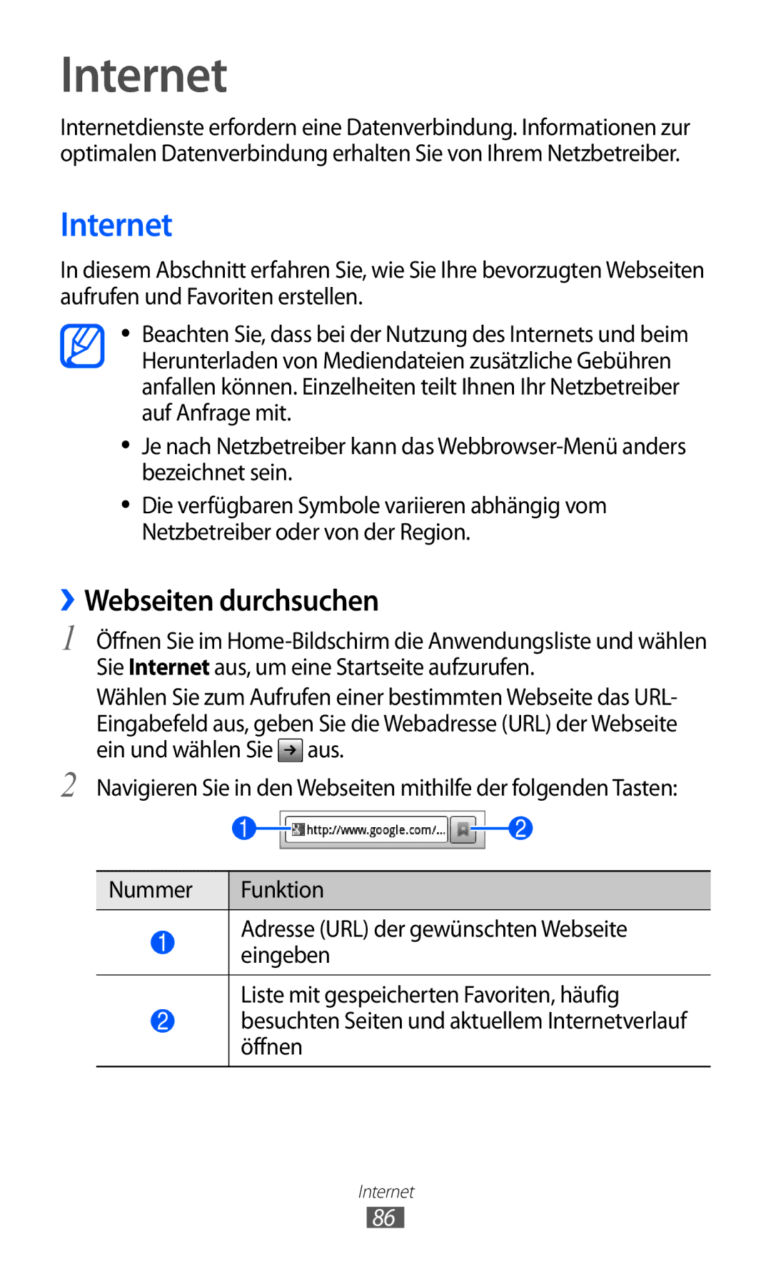 Samsung GT-S7500ABAEUR, GT-S7500CWATUR, GT-S7500ABADBT, GT-S7500CWADBT, GT-S7500CWATCL manual Internet, ››Webseiten durchsuchen 