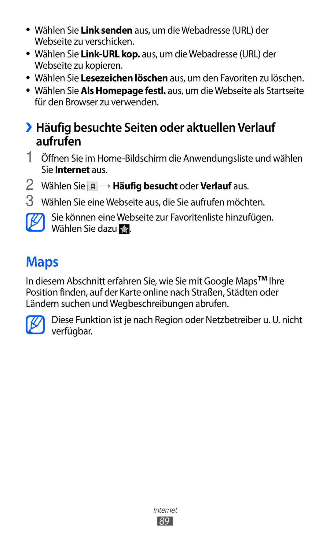 Samsung GT-S7500ABATUR, GT-S7500CWATUR, GT-S7500ABADBT manual Maps, ››Häufig besuchte Seiten oder aktuellen Verlauf aufrufen 