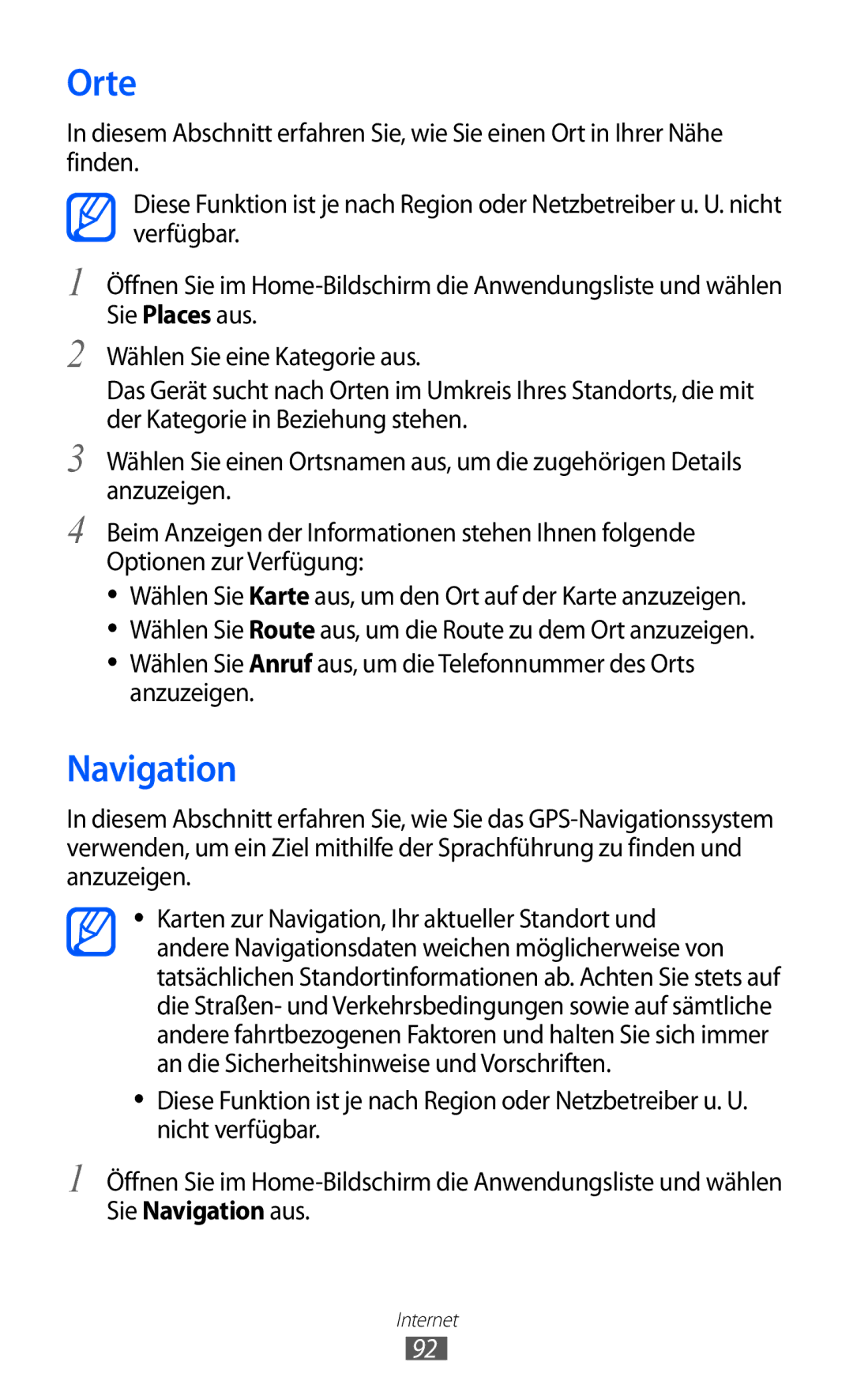 Samsung GT-S7500CWADBT, GT-S7500CWATUR, GT-S7500ABADBT, GT-S7500CWATCL, GT-S7500ABAATO manual Orte, Sie Navigation aus 