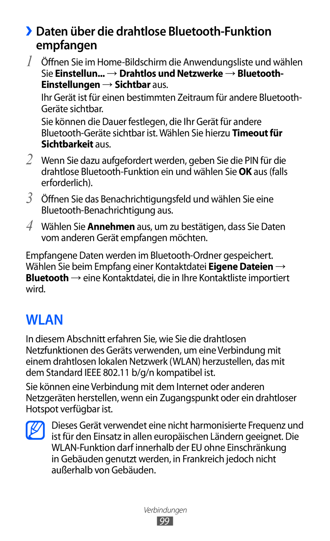 Samsung GT-S7500ABADTM, GT-S7500CWATUR, GT-S7500ABADBT manual Wlan, ››Daten über die drahtlose Bluetooth-Funktion empfangen 