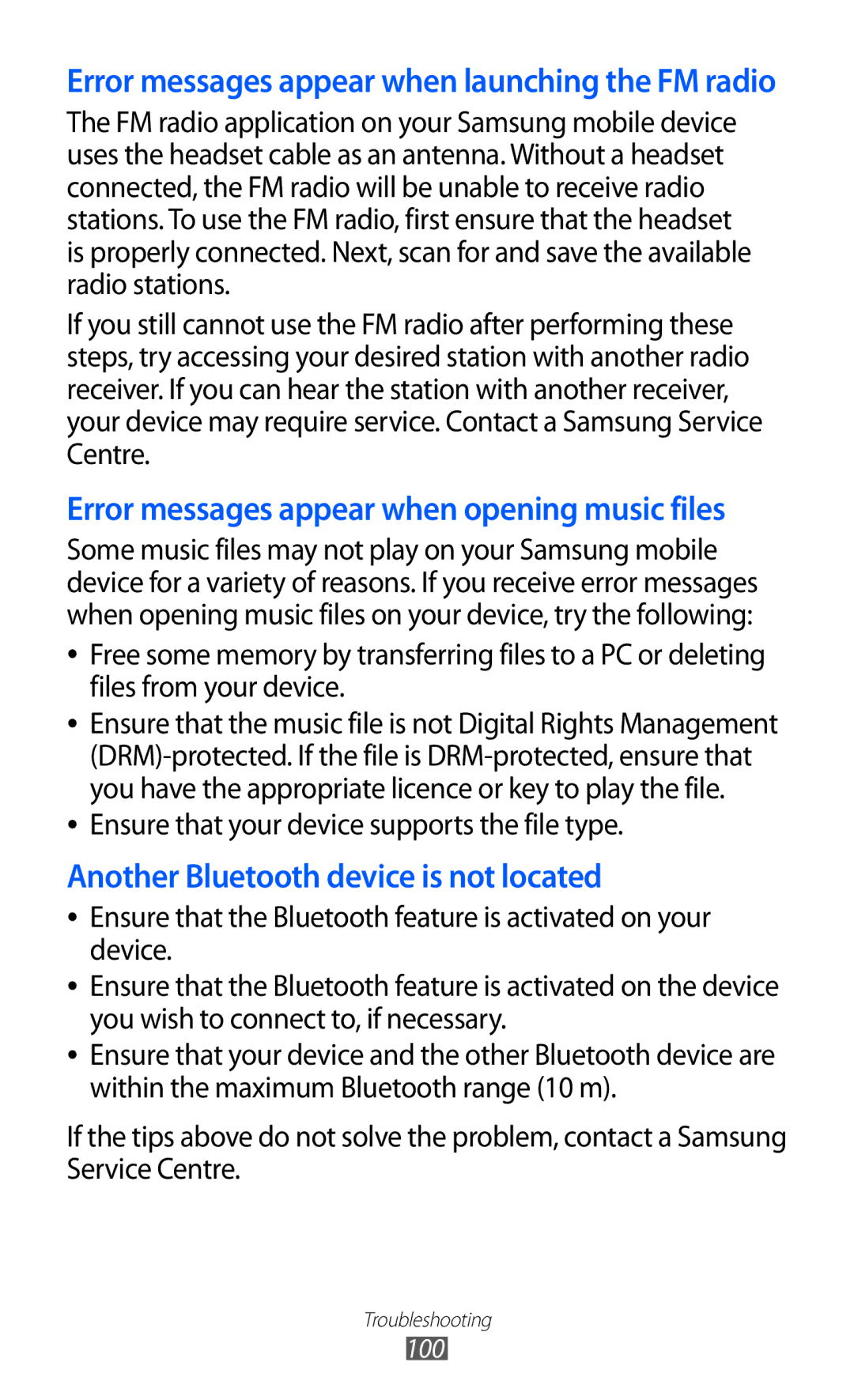 Samsung GT-S7530EAAO2C, GT-S7530EAAXEZ, GT-S7530EAAPAN, GT-S7530EAASER manual Another Bluetooth device is not located 