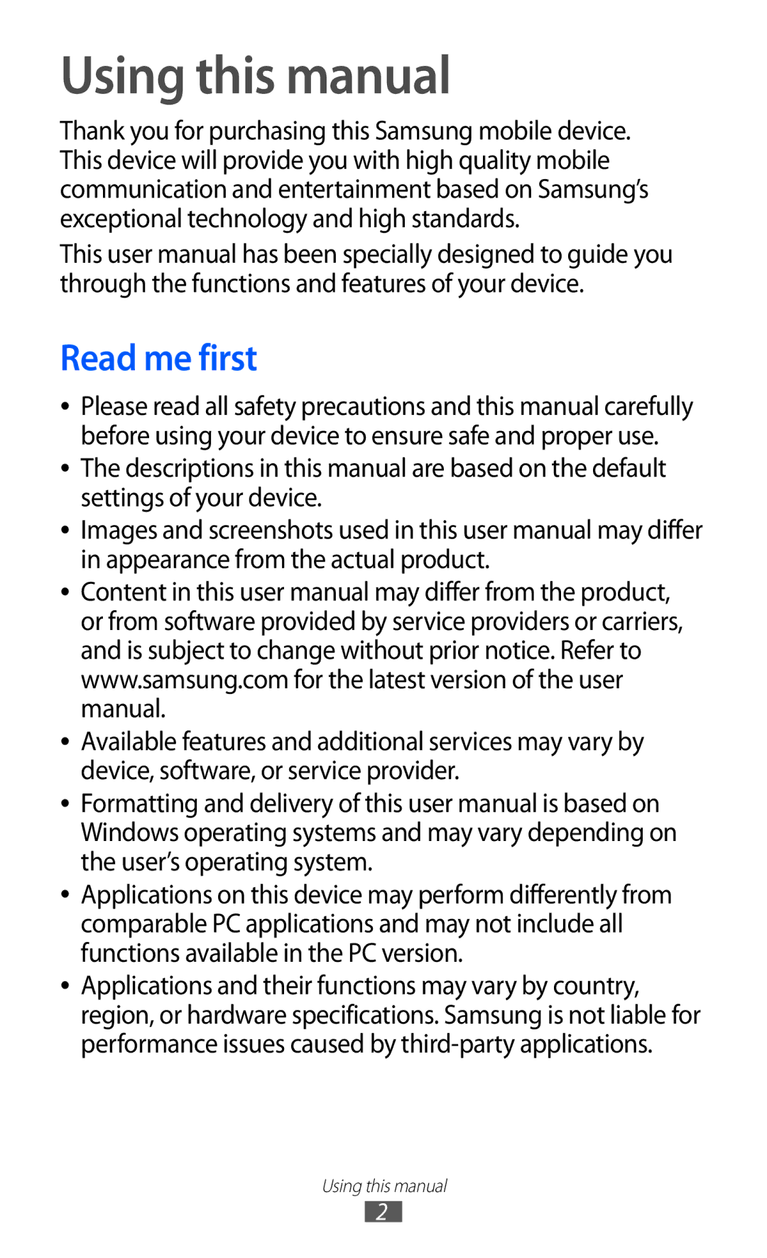 Samsung GT-S7530EAAPAN, GT-S7530EAAO2C, GT-S7530EAAXEZ, GT-S7530EAASER, GT-S7530EAAMTS Using this manual, Read me first 