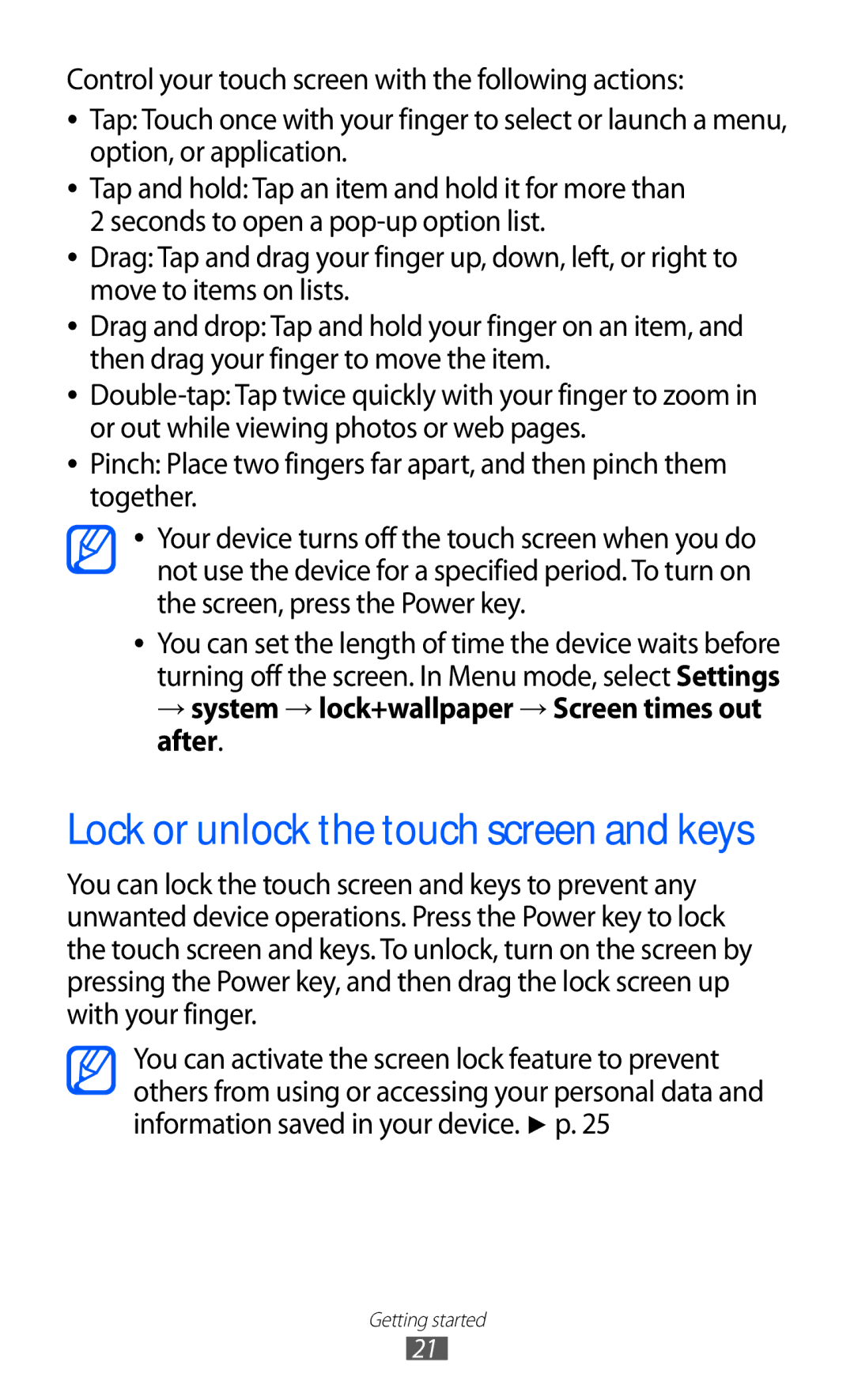 Samsung GT-S7530EAAXEZ manual Lock or unlock the touch screen and keys, → system → lock+wallpaper → Screen times out after 