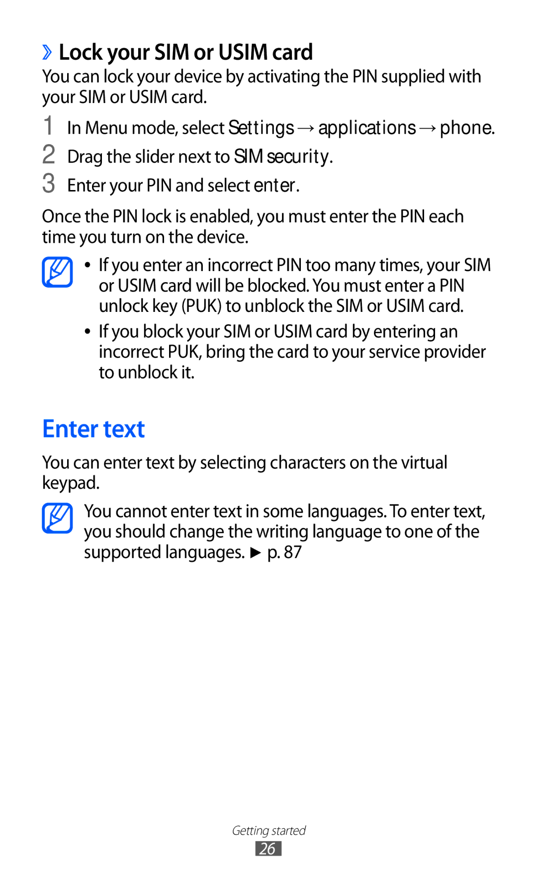 Samsung GT-S7530EAAXEZ manual Enter text, ››Lock your SIM or Usim card, Menu mode, select Settings → applications → phone 