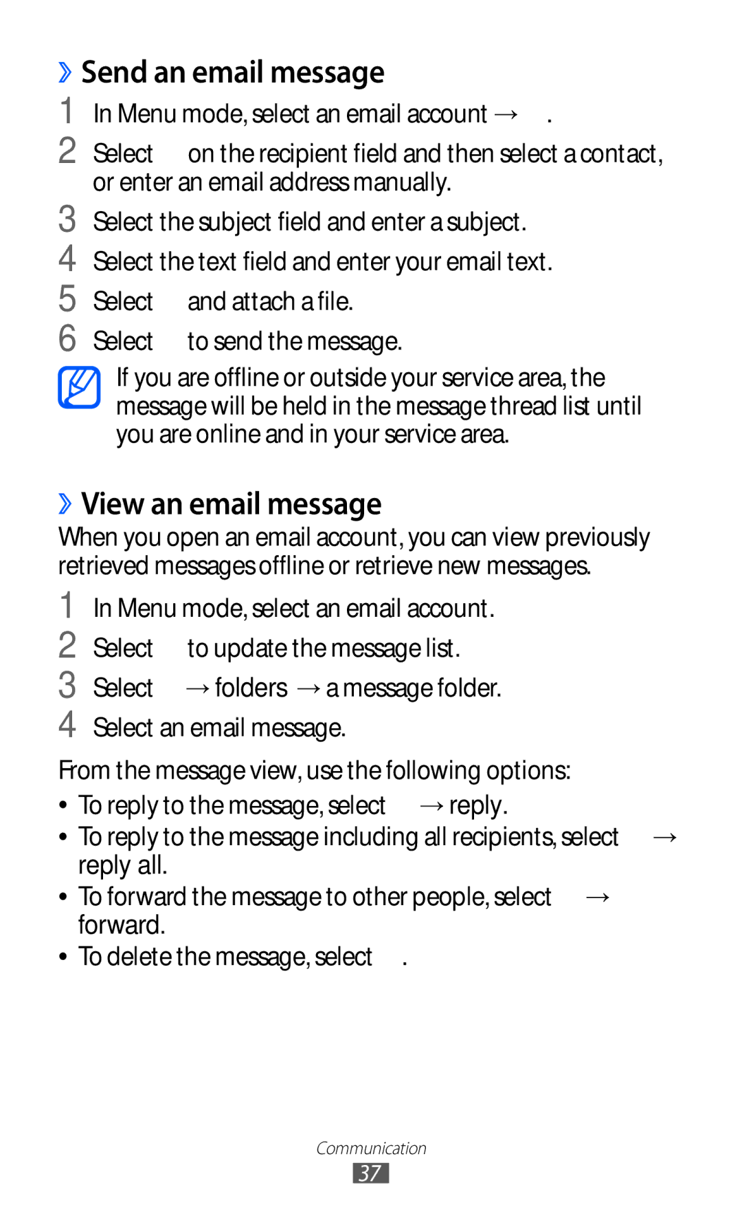 Samsung GT-S7530EAAPAN, GT-S7530EAAO2C, GT-S7530EAAXEZ, GT-S7530EAASER manual ››Send an email message, ››View an email message 