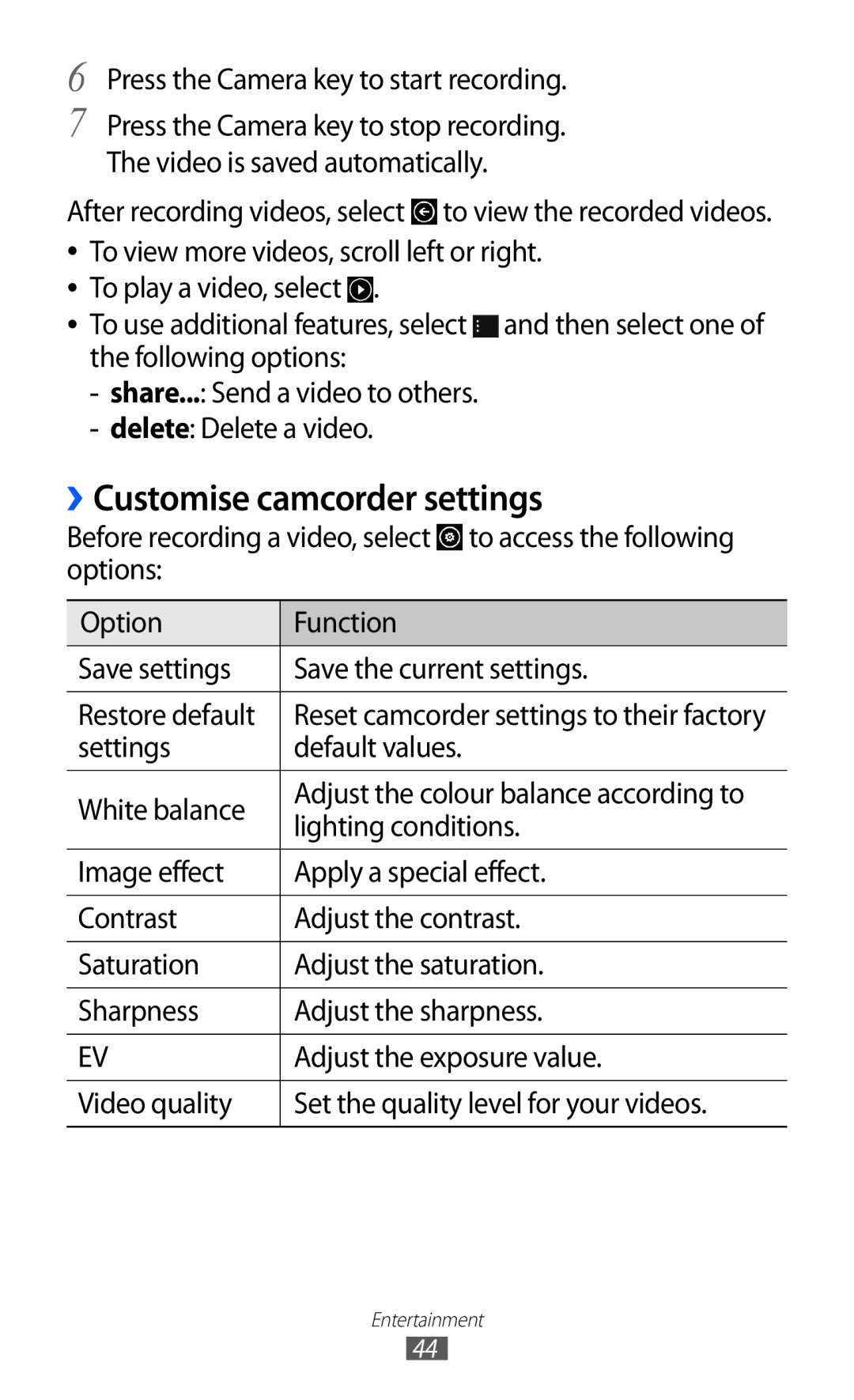 Samsung GT-S7530EAAMTS, GT-S7530EAAO2C manual ››Customise camcorder settings, Press the Camera key to start recording 